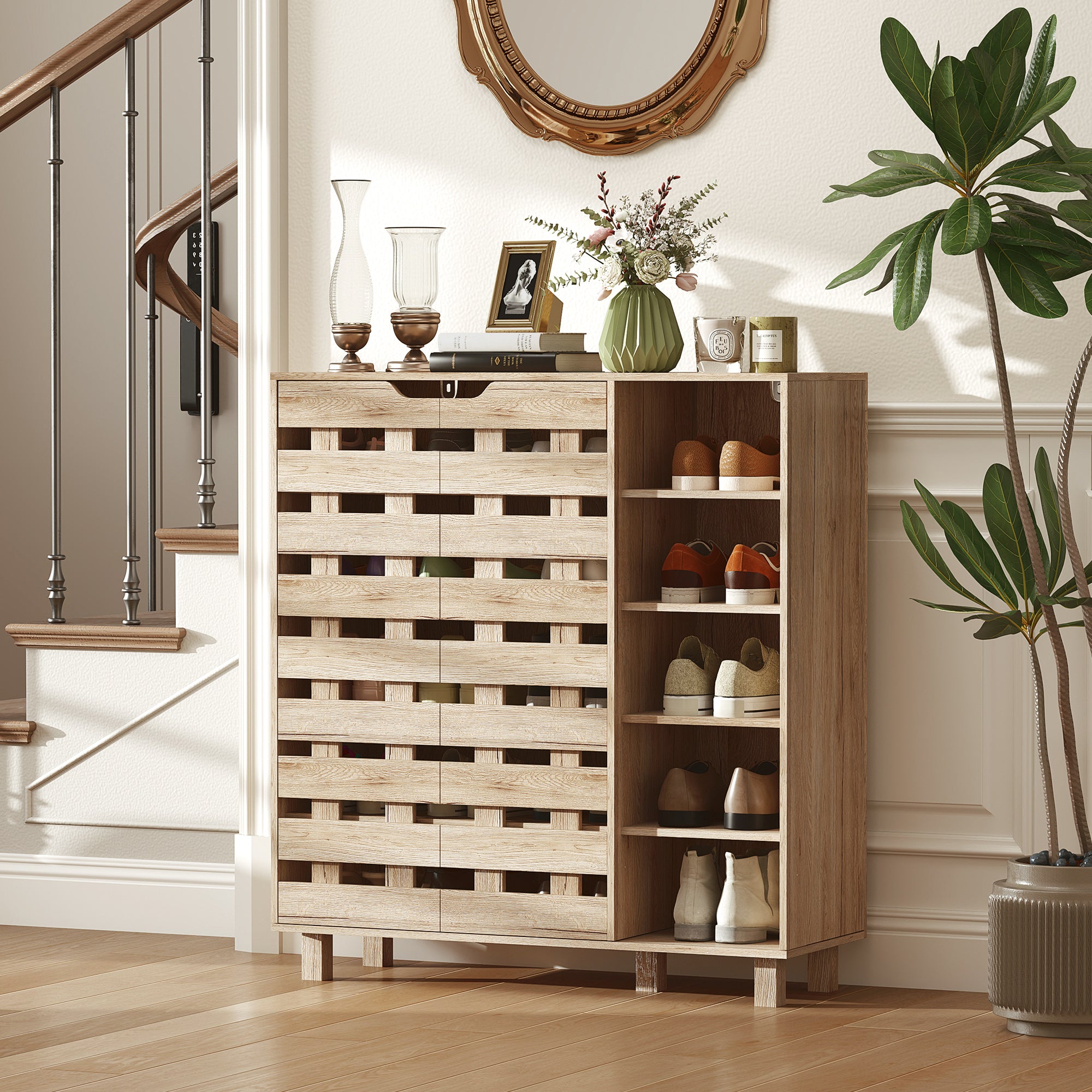 HOMCOM Modern Shoe Cabinet with Hollowed-Out Doors and 5-tier Open Shelves, 21 Pair Shoe Storage Cabinet for Entryway, Hallway, Beige