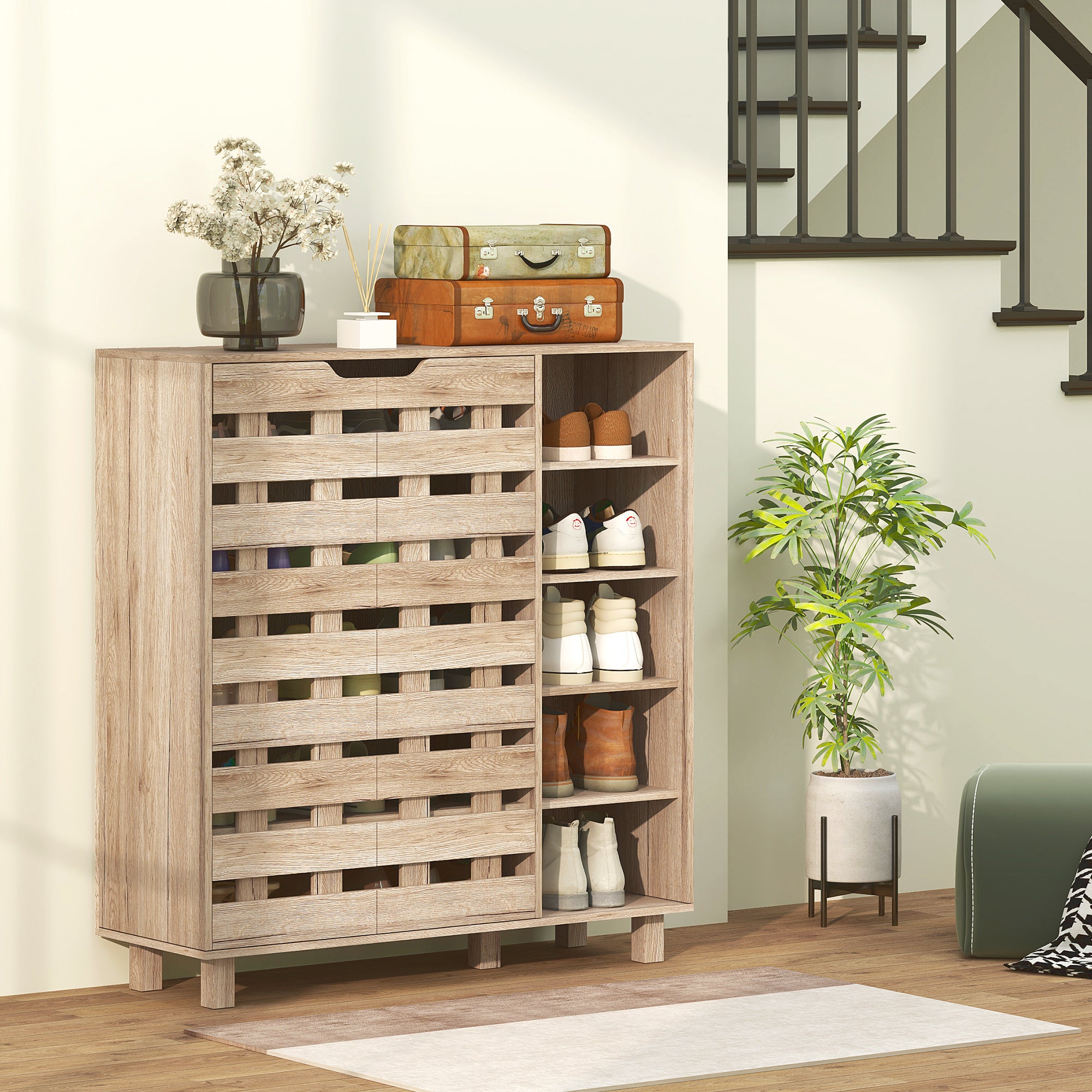 HOMCOM Modern Shoe Cabinet with Hollowed-Out Doors and 5-tier Open Shelves, 21 Pair Shoe Storage Cabinet for Entryway, Hallway, Beige