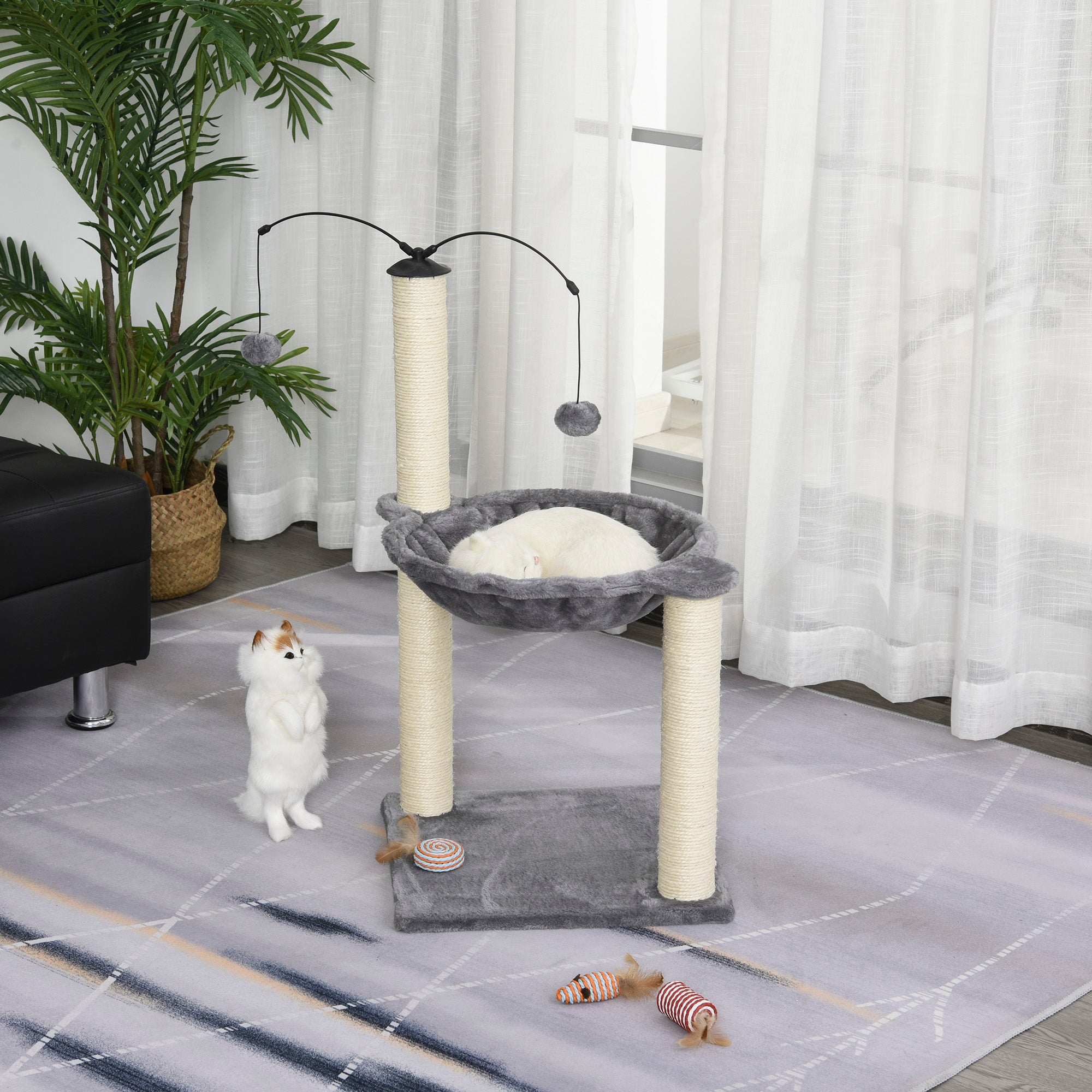 PawHut 83cm Cat Tree Tower for Indoor Cats with Sisal Scratching Post Hammock Cat Play House Dangling Ball Kitten Activity Center Furniture Grey