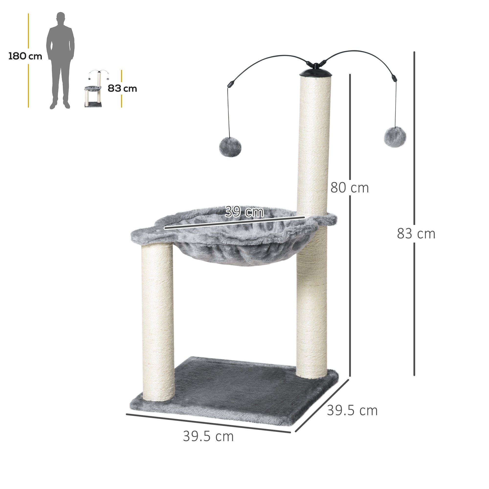 PawHut 83cm Cat Tree Tower for Indoor Cats with Sisal Scratching Post Hammock Cat Play House Dangling Ball Kitten Activity Center Furniture Grey
