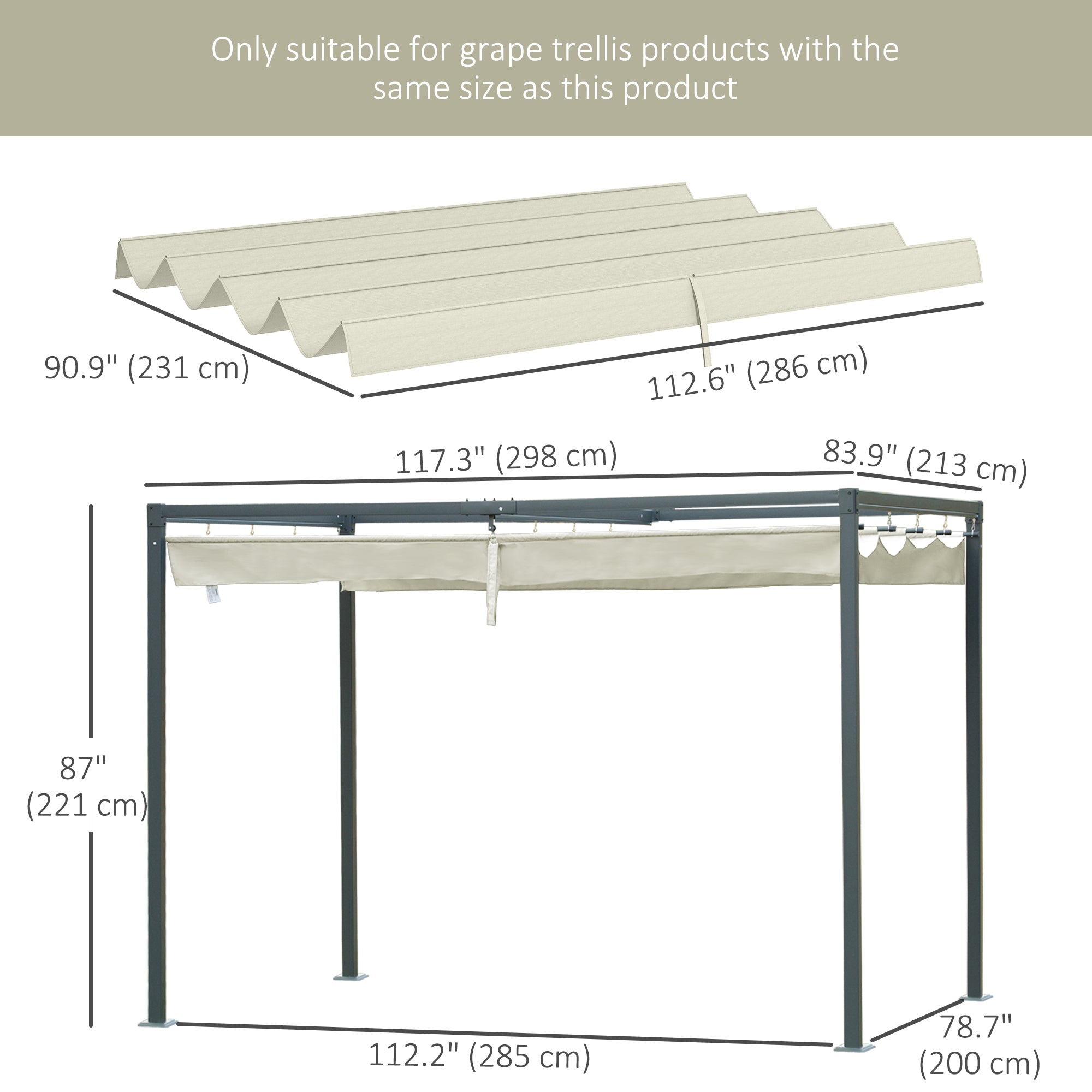 Outsunny Retractable Pergola Canopy, Sun Shade Cover, UV30+ Protected Replacement Canopy Fabric for 9.8' x 7.1' Pergola, Cream White