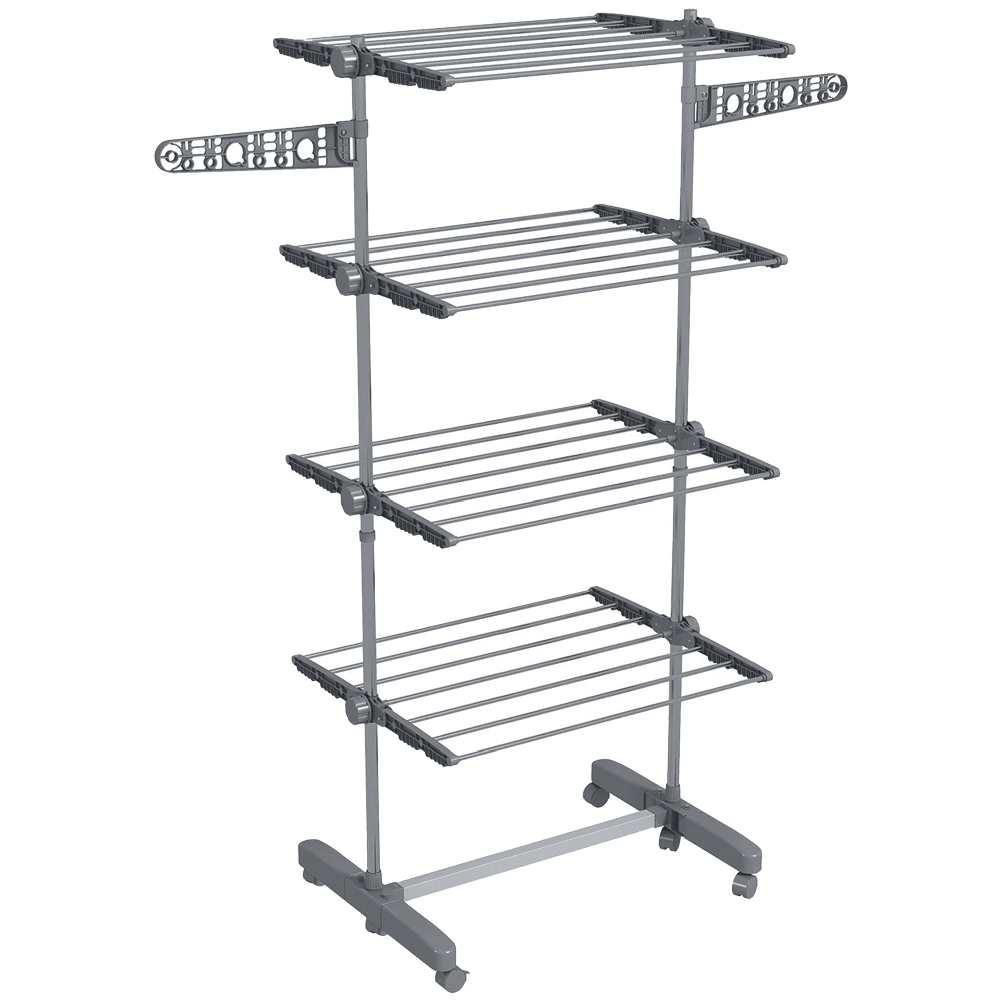 HOMCOM 4-Tier Clothes Drying Rack, Stainless Steel Laundry Rack with 2 Side Wings and 6 Castors, Collapsible Adjustable Clothes Airer for Indoor Outdoor, Grey