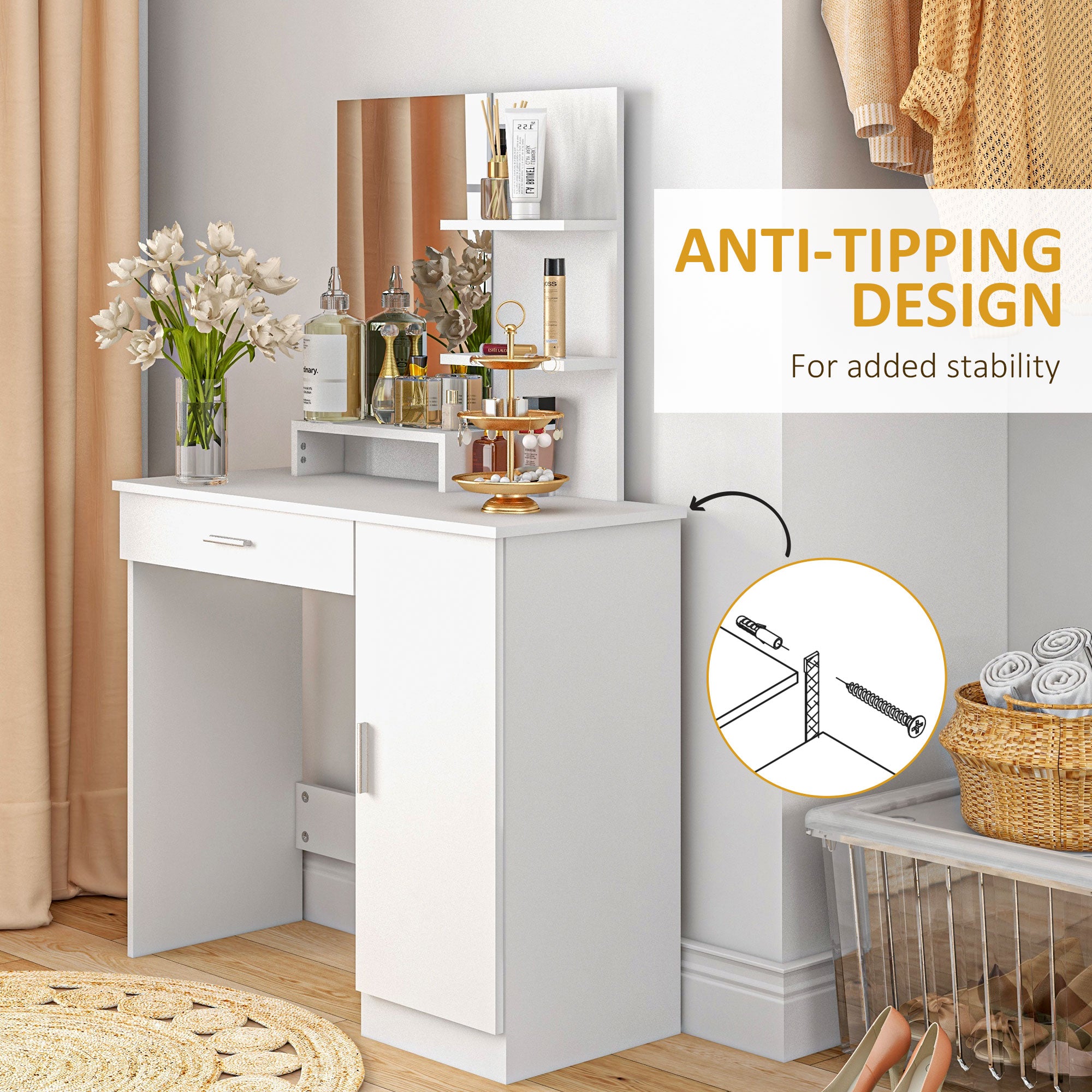 HOMCOM Vanity Table, Makeup Table with Mirror, Drawer and Storage Shelves for Bedroom (White)