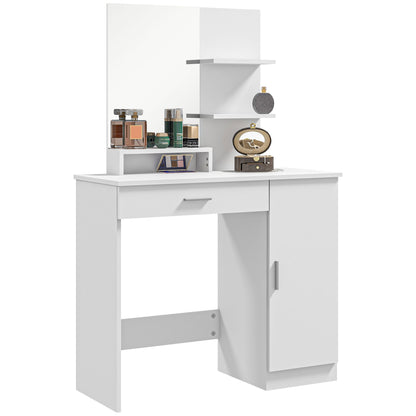 HOMCOM Vanity Table, Makeup Table with Mirror, Drawer and Storage Shelves for Bedroom (White)