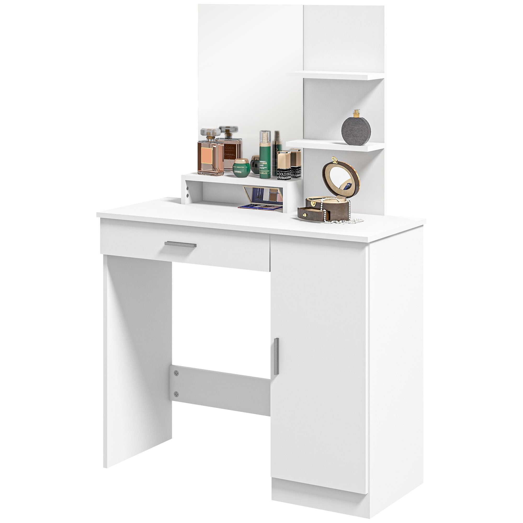 HOMCOM Vanity Table, Makeup Table with Mirror, Drawer and Storage Shelves for Bedroom (White)