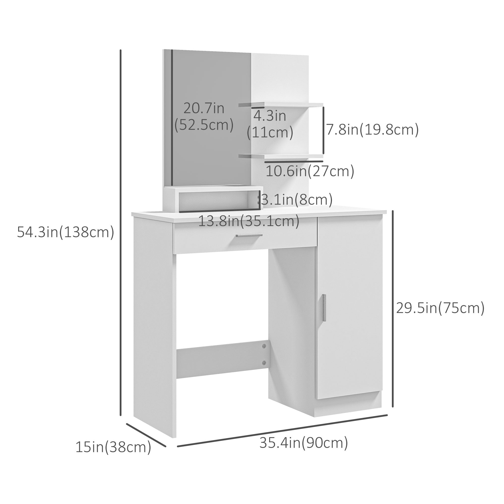 HOMCOM Vanity Table, Makeup Table with Mirror, Drawer and Storage Shelves for Bedroom (White)