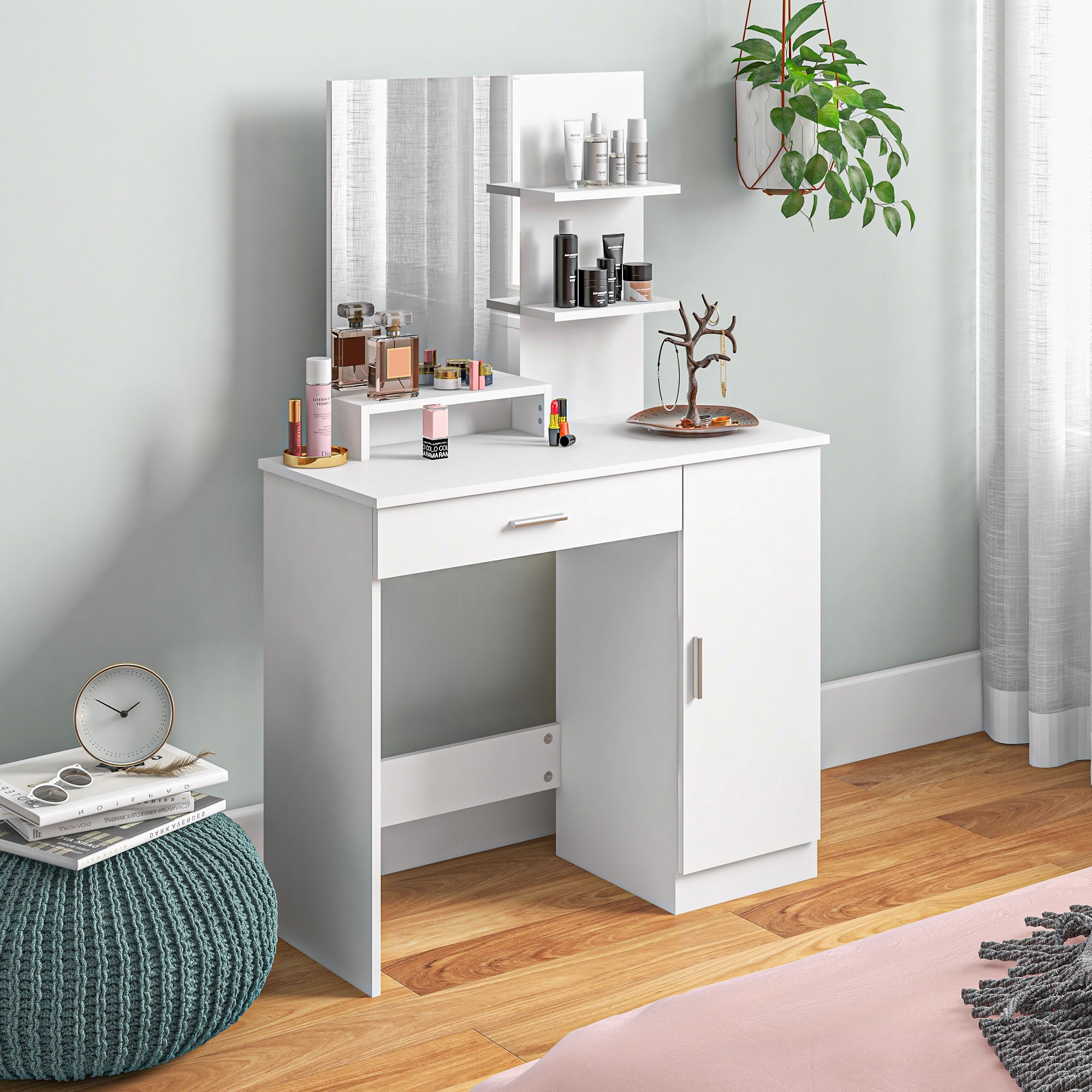 HOMCOM Vanity Table, Makeup Table with Mirror, Drawer and Storage Shelves for Bedroom (White)