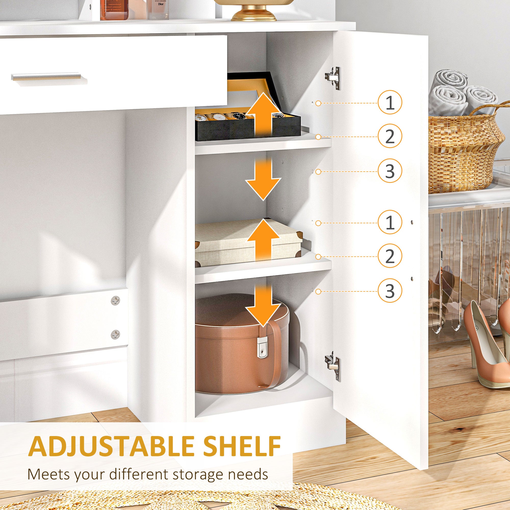 HOMCOM Vanity Table, Makeup Table with Mirror, Drawer and Storage Shelves for Bedroom (White)