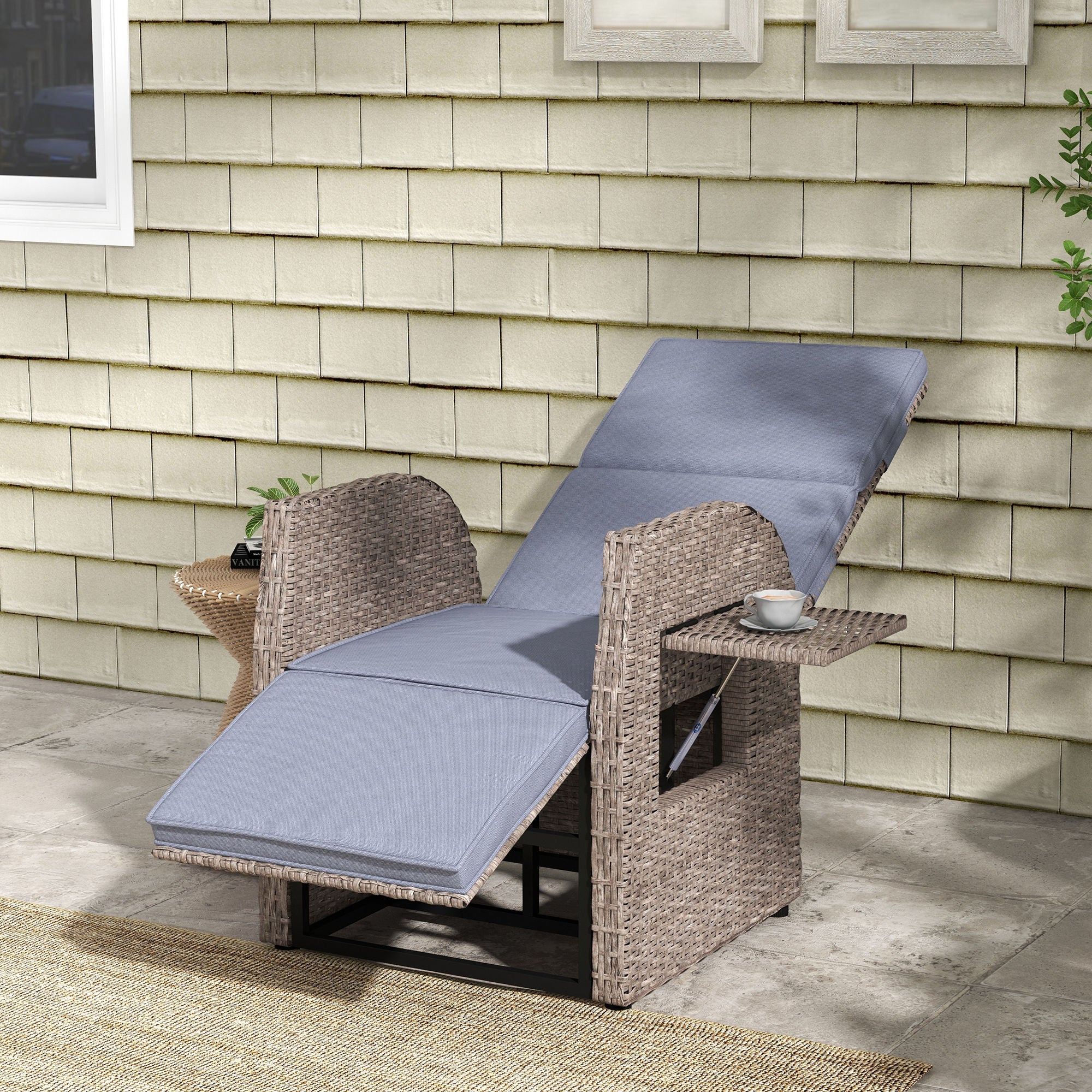Outsunny Outdoor PE Rattan Leisure Chair, Outdoor Recliner with Adjustable Back and Footrest, Patio Wicker Chair with Side Table, for Balcony, Porch, Grey