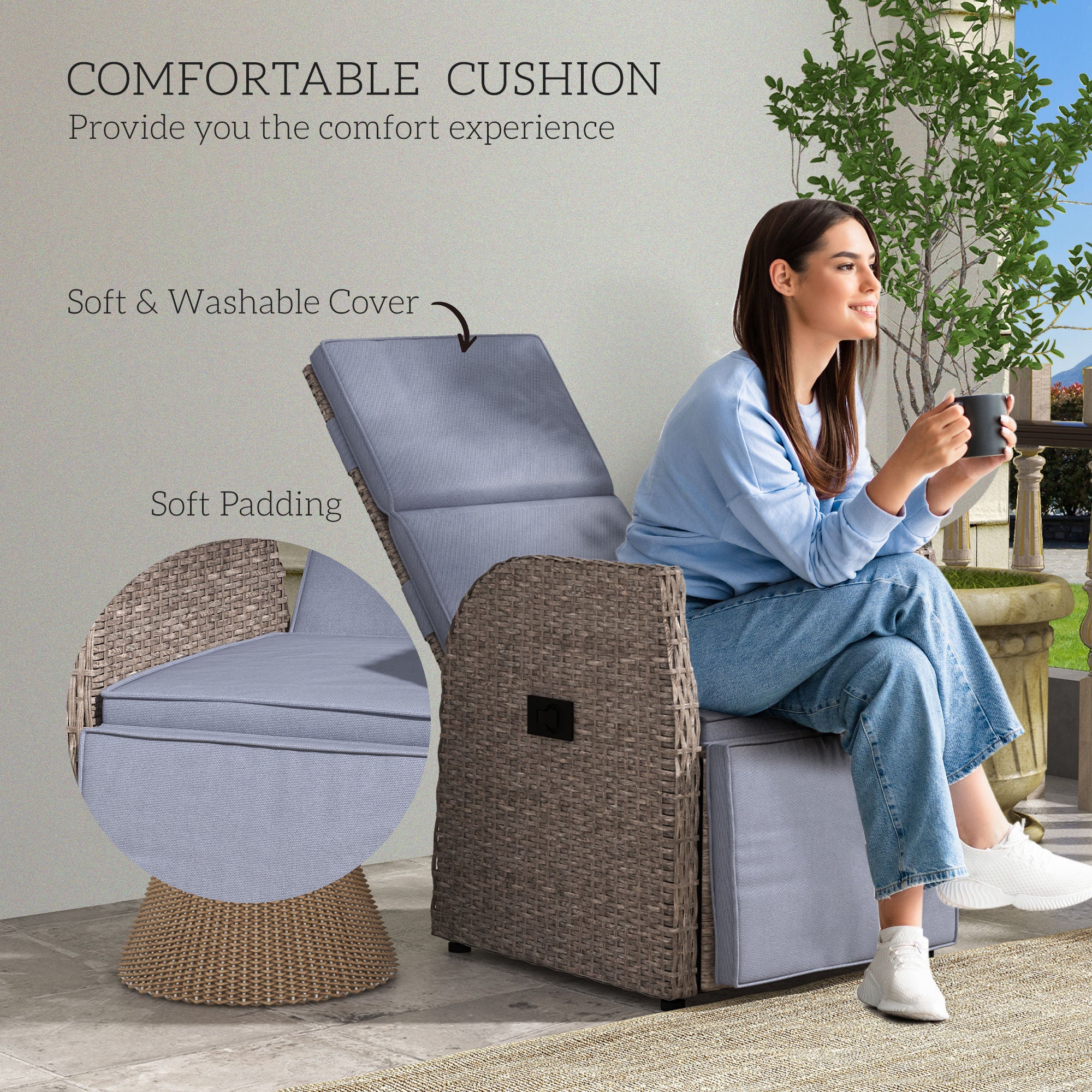 Outsunny Outdoor PE Rattan Leisure Chair, Outdoor Recliner with Adjustable Back and Footrest, Patio Wicker Chair with Side Table, for Balcony, Porch, Grey