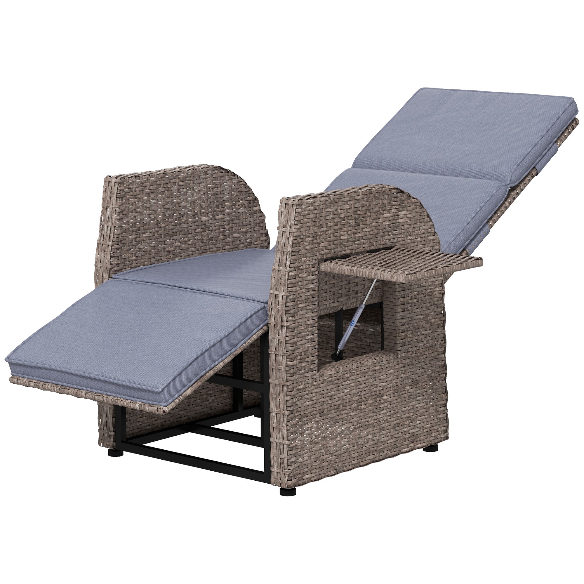 Outsunny Outdoor PE Rattan Leisure Chair, Outdoor Recliner with Adjustable Back and Footrest, Patio Wicker Chair with Side Table, for Balcony, Porch, Grey