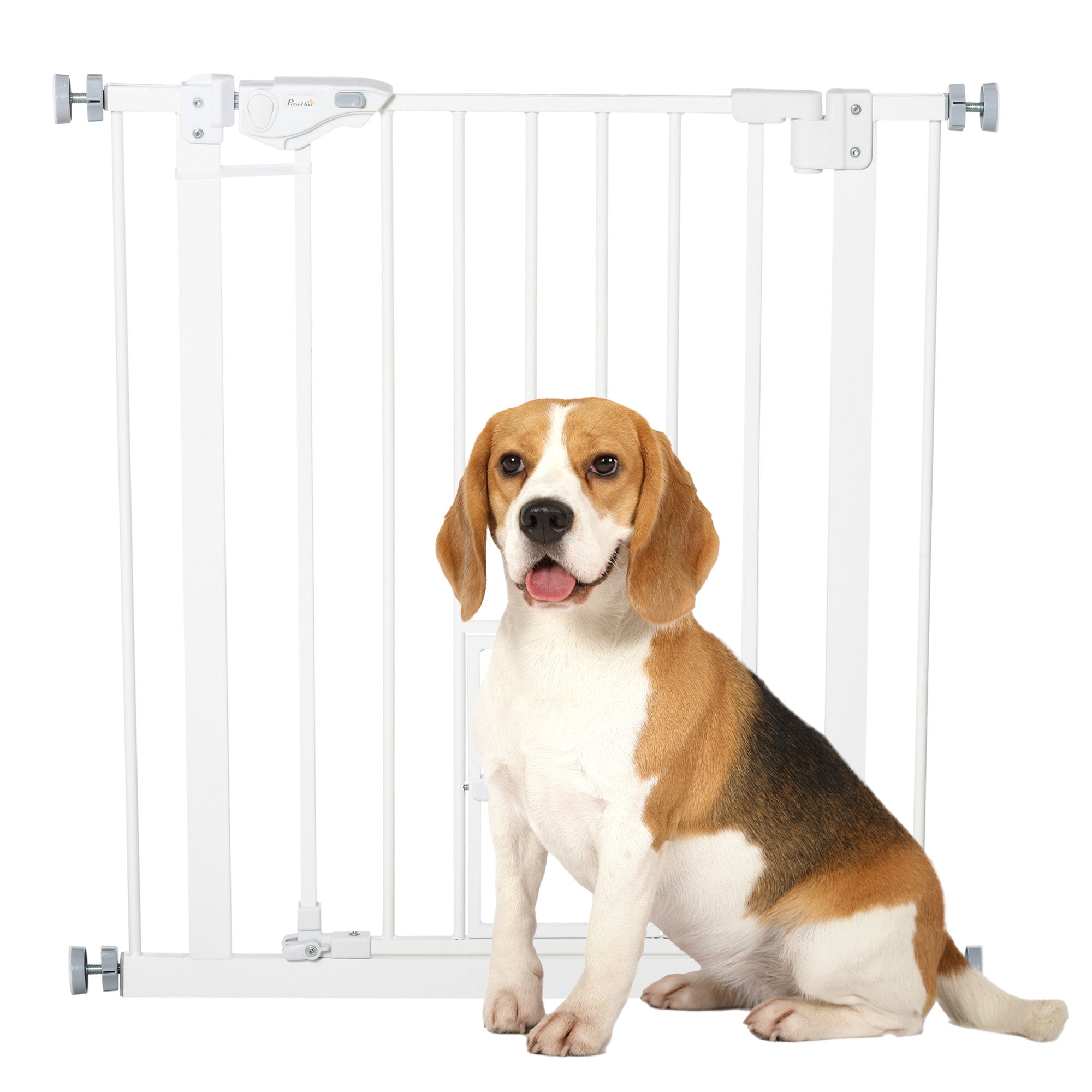 PawHut 30"H Dog Gate with Cat Door, Pet Gate with Small Door, Easy Open Indoor Dog Gates for Doorways, House, Stair, 29"-32" Long, White