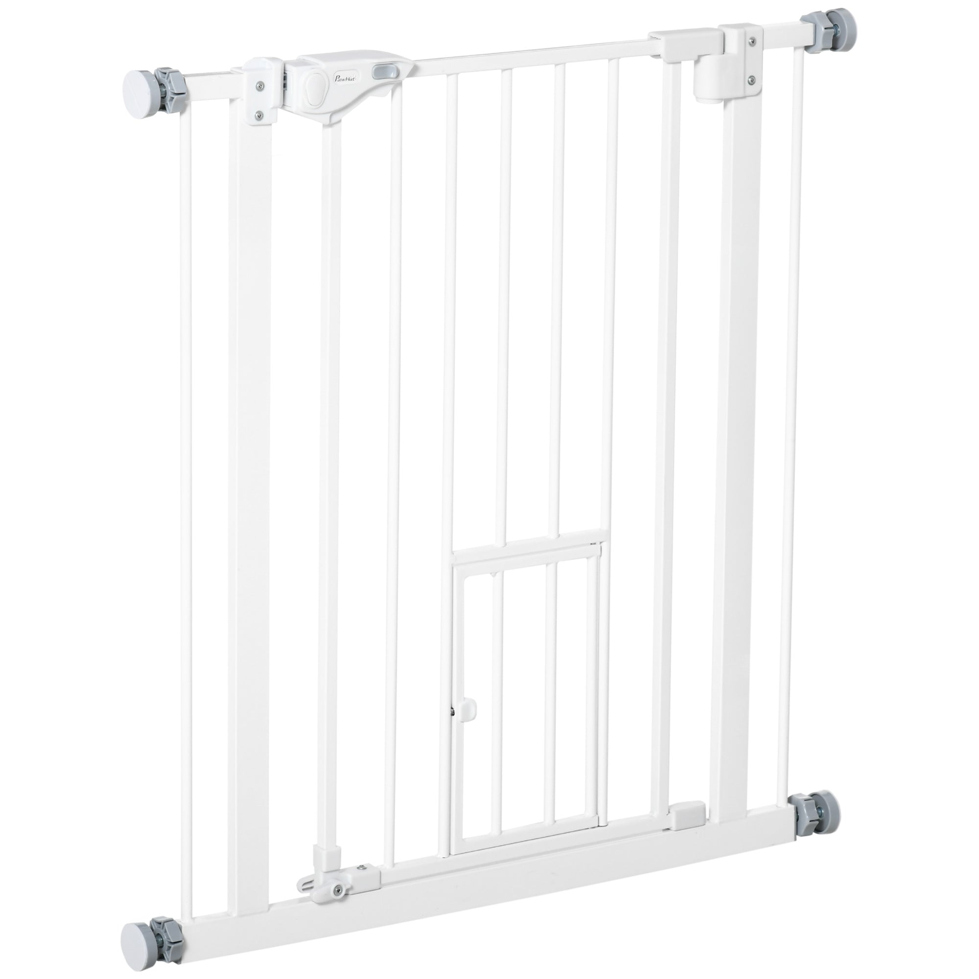 PawHut 30"H Dog Gate with Cat Door, Pet Gate with Small Door, Easy Open Indoor Dog Gates for Doorways, House, Stair, 29"-32" Long, White