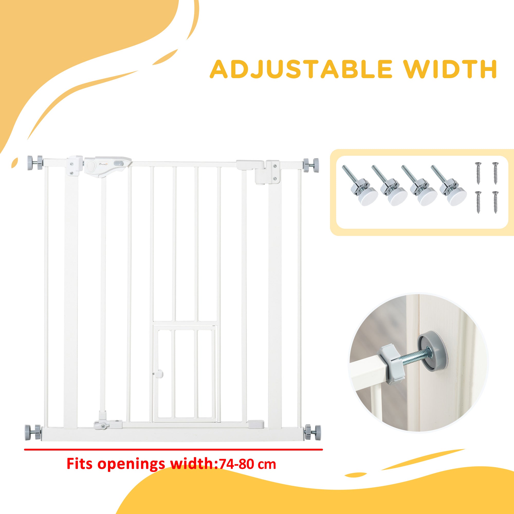 PawHut 30"H Dog Gate with Cat Door, Pet Gate with Small Door, Easy Open Indoor Dog Gates for Doorways, House, Stair, 29"-32" Long, White