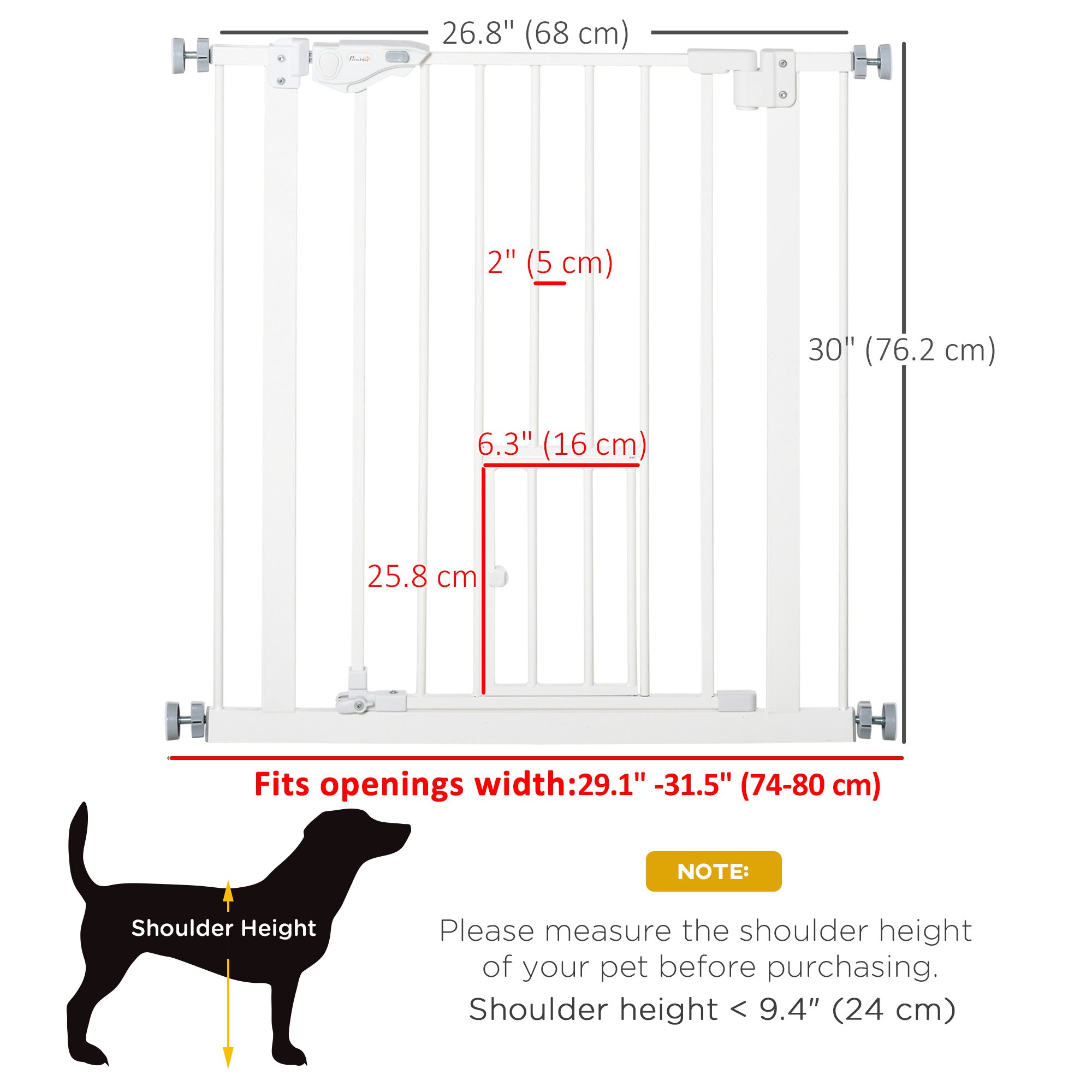 PawHut 30"H Dog Gate with Cat Door, Pet Gate with Small Door, Easy Open Indoor Dog Gates for Doorways, House, Stair, 29"-32" Long, White