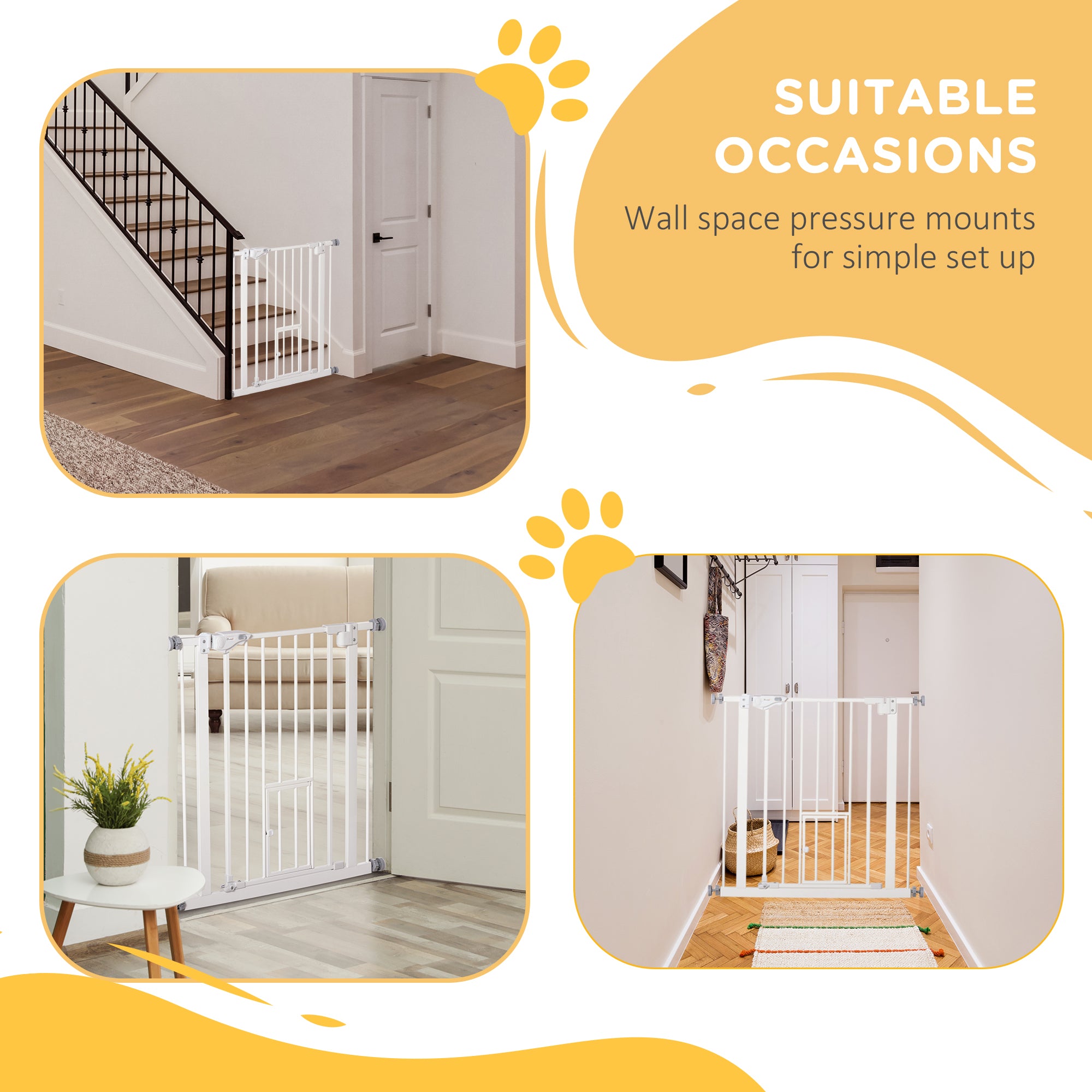 PawHut 30"H Dog Gate with Cat Door, Pet Gate with Small Door, Easy Open Indoor Dog Gates for Doorways, House, Stair, 29"-32" Long, White