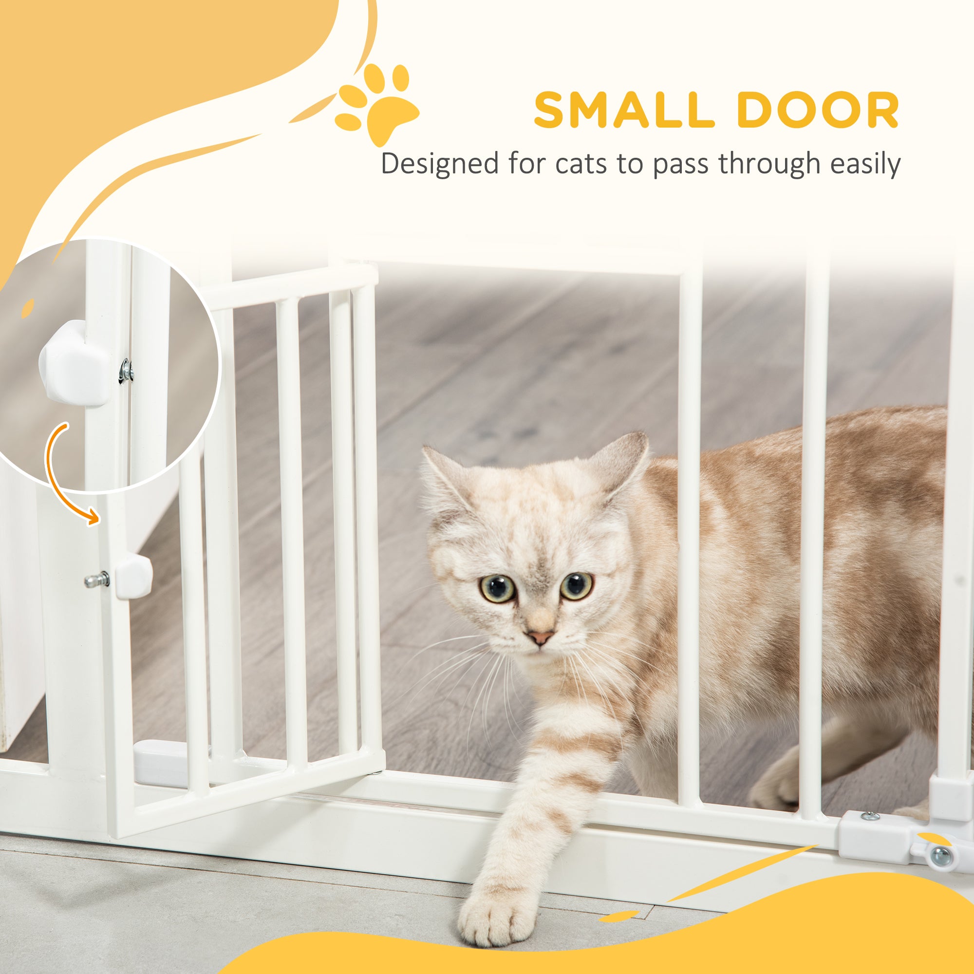 PawHut 30"H Dog Gate with Cat Door, Pet Gate with Small Door, Easy Open Indoor Dog Gates for Doorways, House, Stair, 29"-32" Long, White