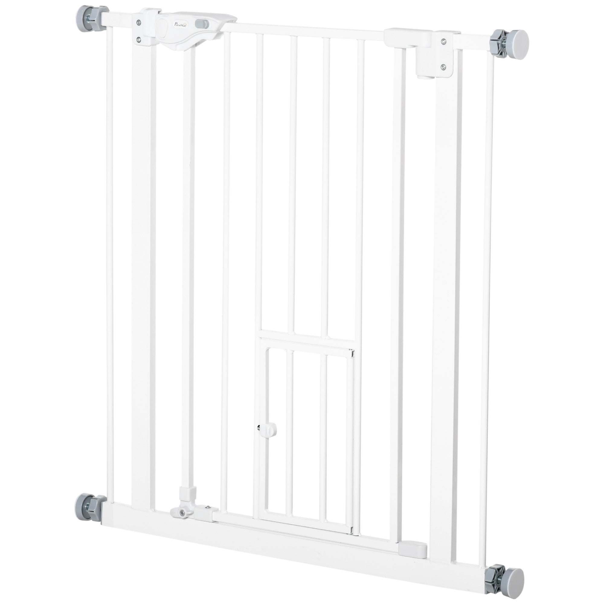 PawHut 30"H Dog Gate with Cat Door, Pet Gate with Small Door, Easy Open Indoor Dog Gates for Doorways, House, Stair, 29"-32" Long, White