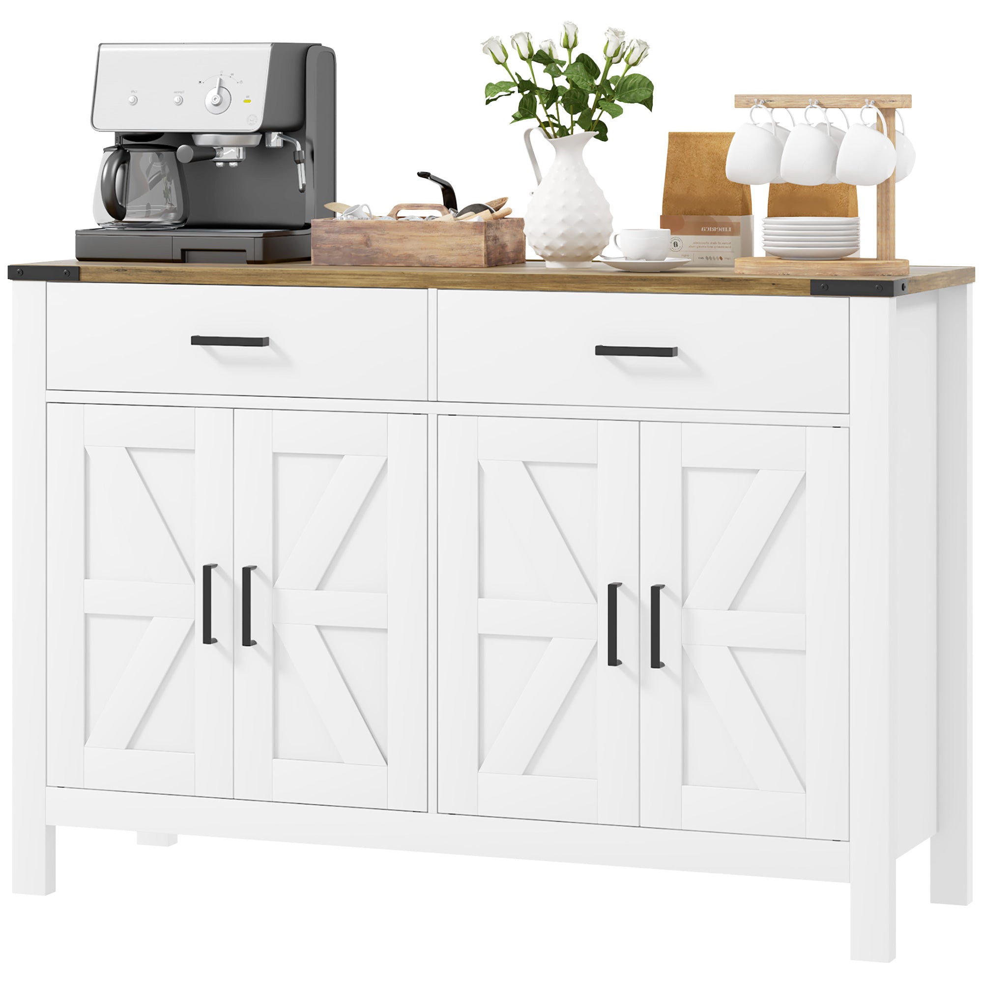 HOMCOM Sideboard with 2 Drawers 2 Storage Cabinets, Buffet Cabinet with Barn-style Doors and Adjustable Shelves, Farmhouse Kitchen Cabinet, White