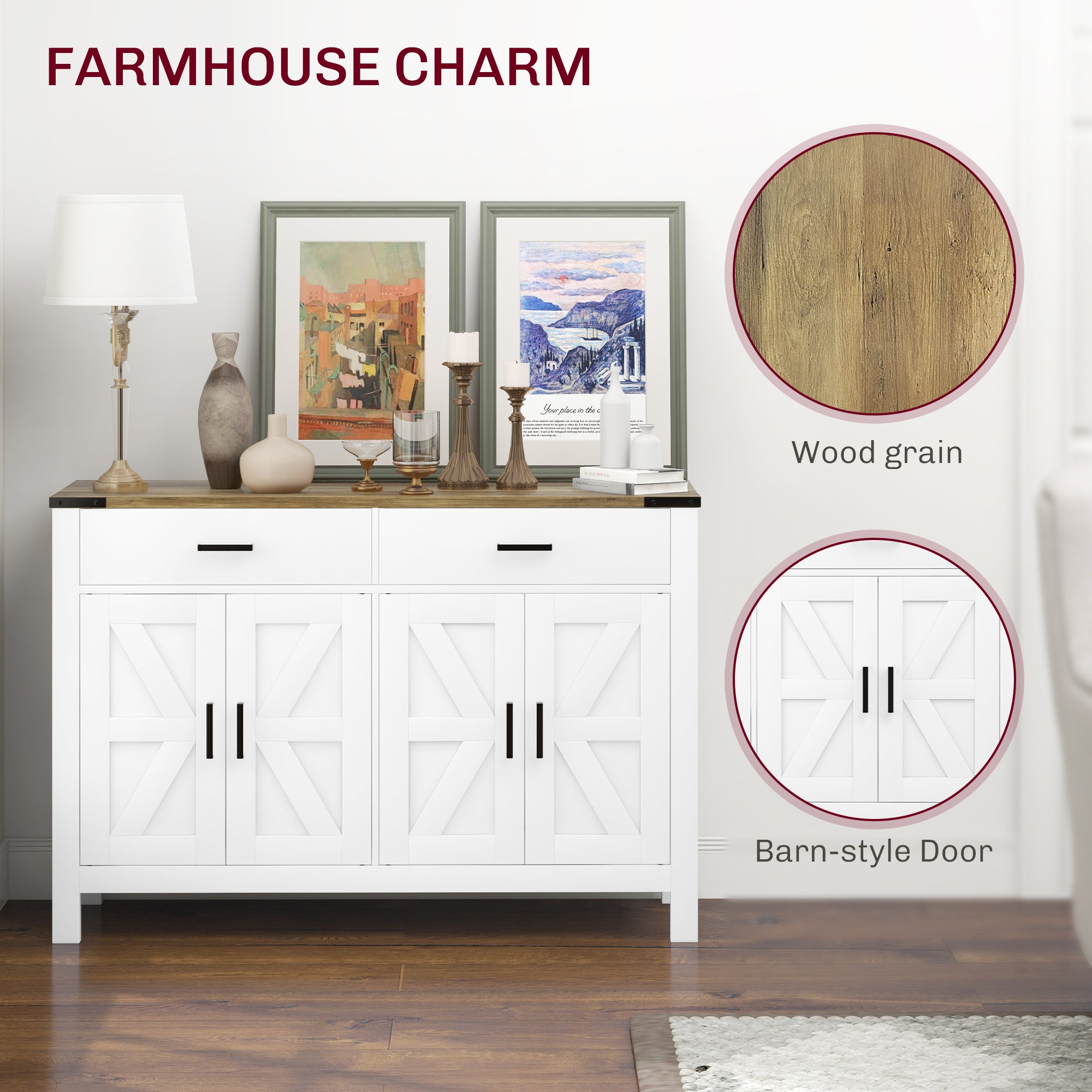 HOMCOM Sideboard with 2 Drawers 2 Storage Cabinets, Buffet Cabinet with Barn-style Doors and Adjustable Shelves, Farmhouse Kitchen Cabinet, White
