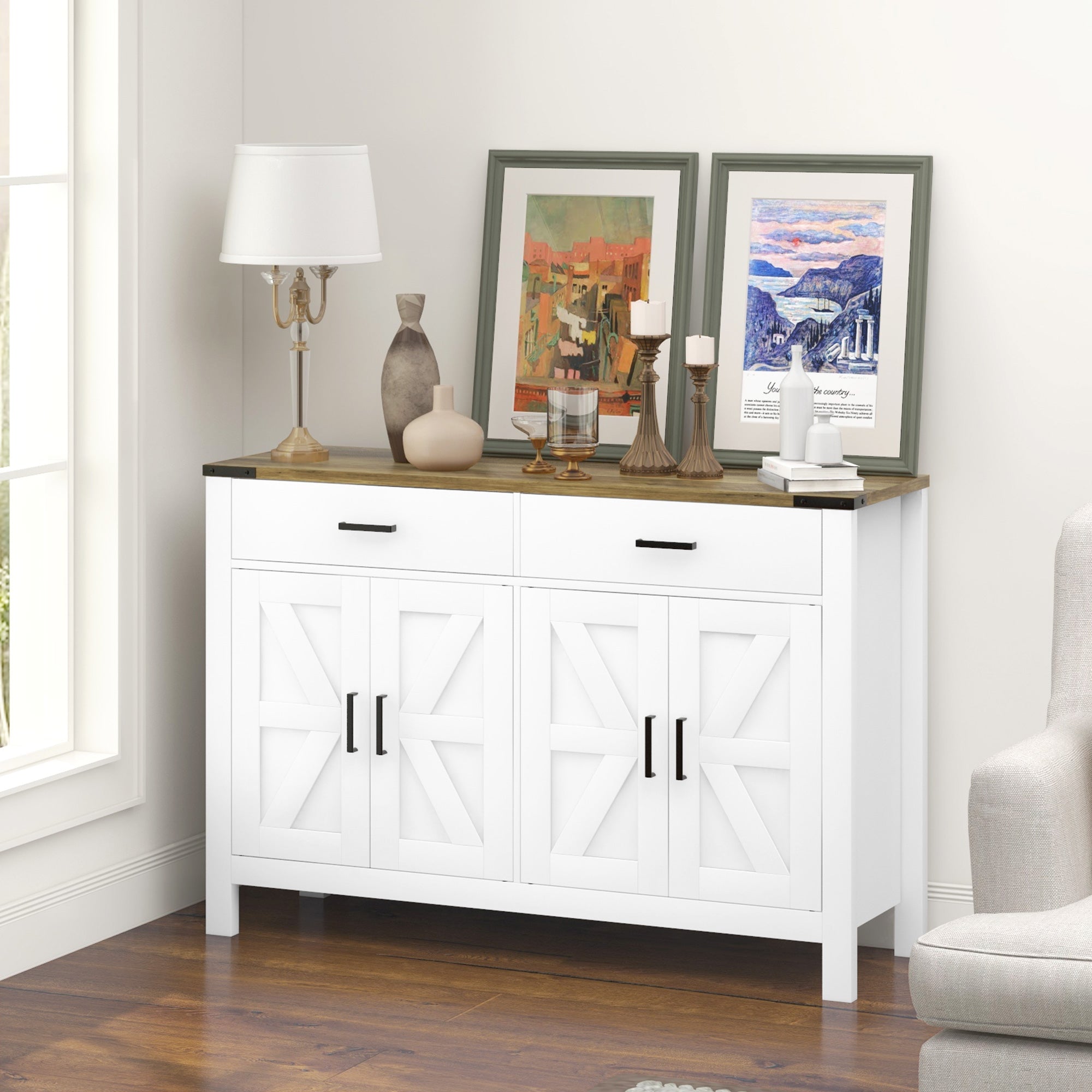HOMCOM Sideboard with 2 Drawers 2 Storage Cabinets, Buffet Cabinet with Barn-style Doors and Adjustable Shelves, Farmhouse Kitchen Cabinet, White