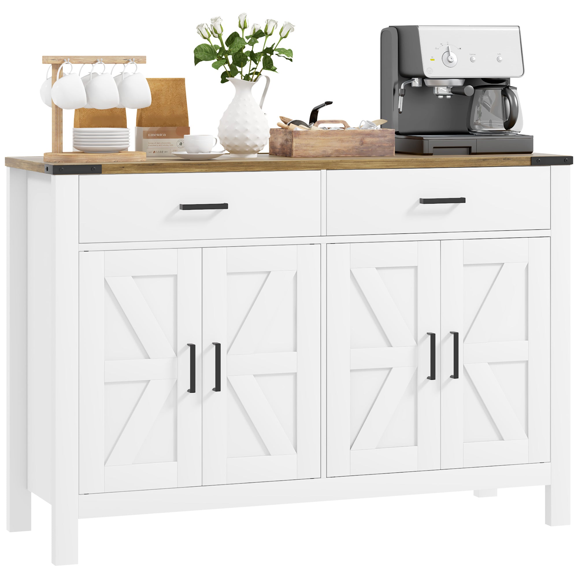 HOMCOM Sideboard with 2 Drawers 2 Storage Cabinets, Buffet Cabinet with Barn-style Doors and Adjustable Shelves, Farmhouse Kitchen Cabinet, White