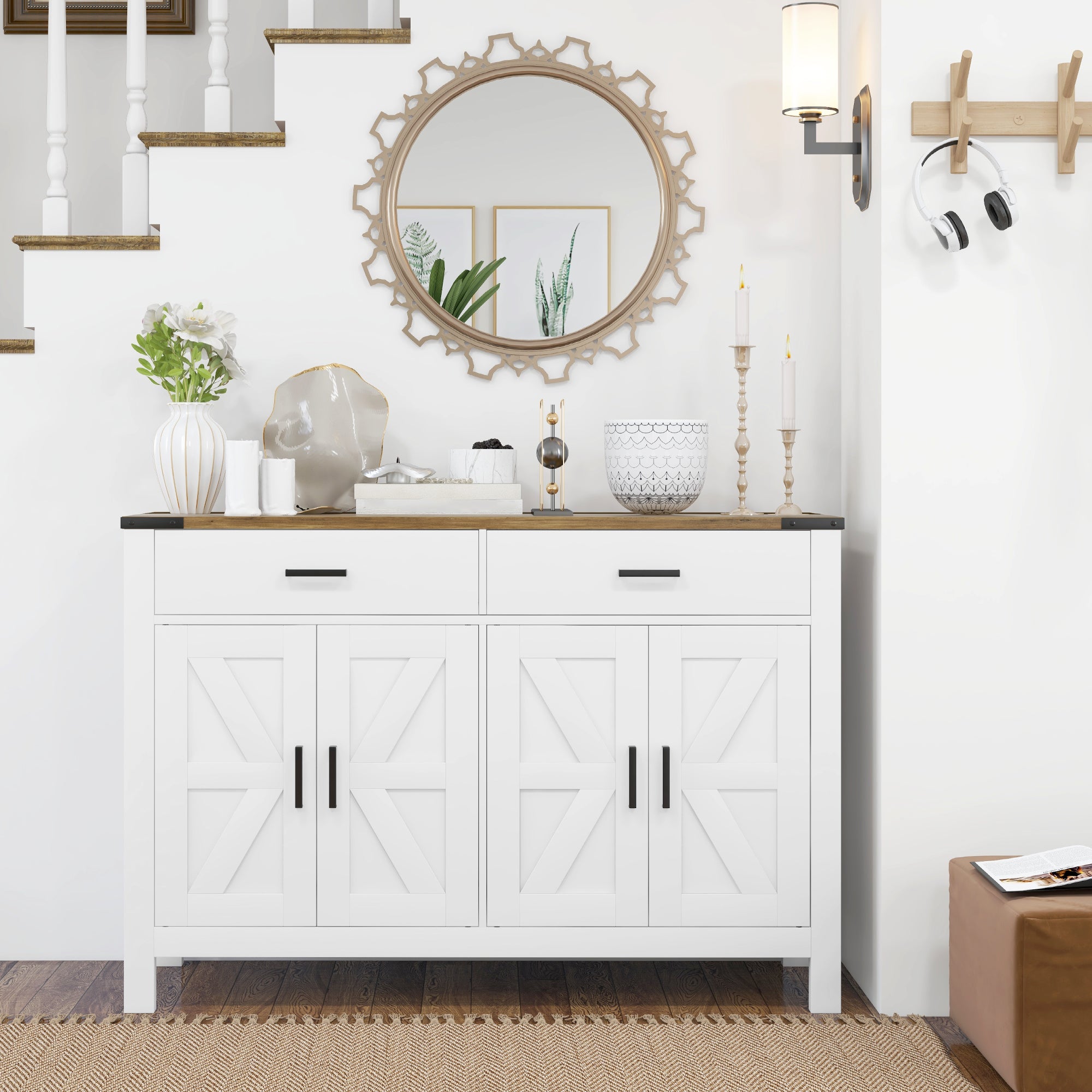 HOMCOM Sideboard with 2 Drawers 2 Storage Cabinets, Buffet Cabinet with Barn-style Doors and Adjustable Shelves, Farmhouse Kitchen Cabinet, White
