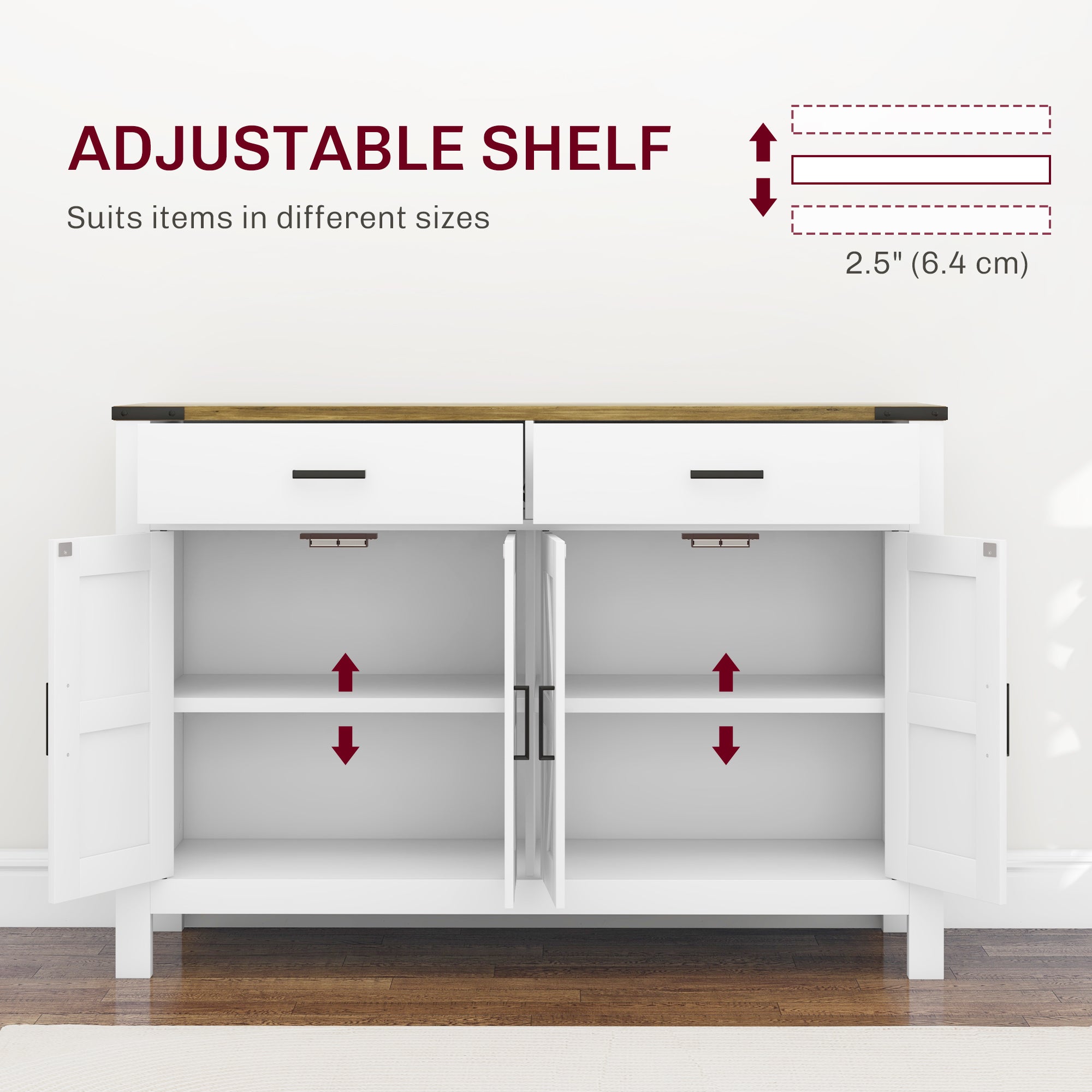 HOMCOM Sideboard with 2 Drawers 2 Storage Cabinets, Buffet Cabinet with Barn-style Doors and Adjustable Shelves, Farmhouse Kitchen Cabinet, White
