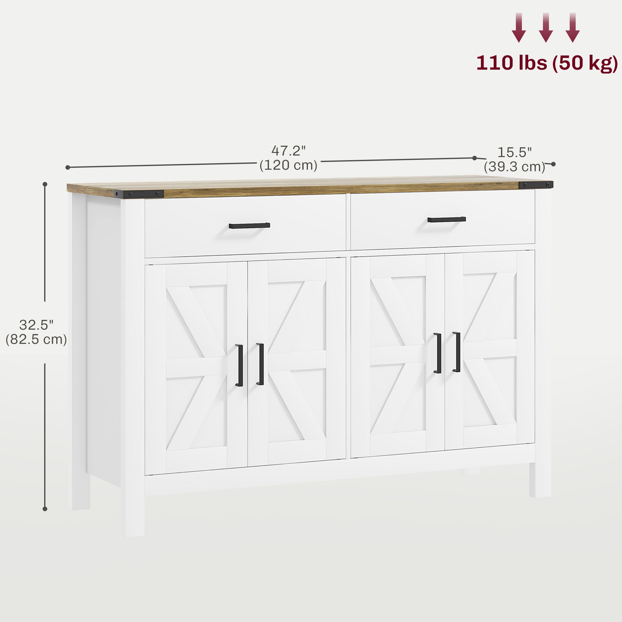 HOMCOM Sideboard with 2 Drawers 2 Storage Cabinets, Buffet Cabinet with Barn-style Doors and Adjustable Shelves, Farmhouse Kitchen Cabinet, White