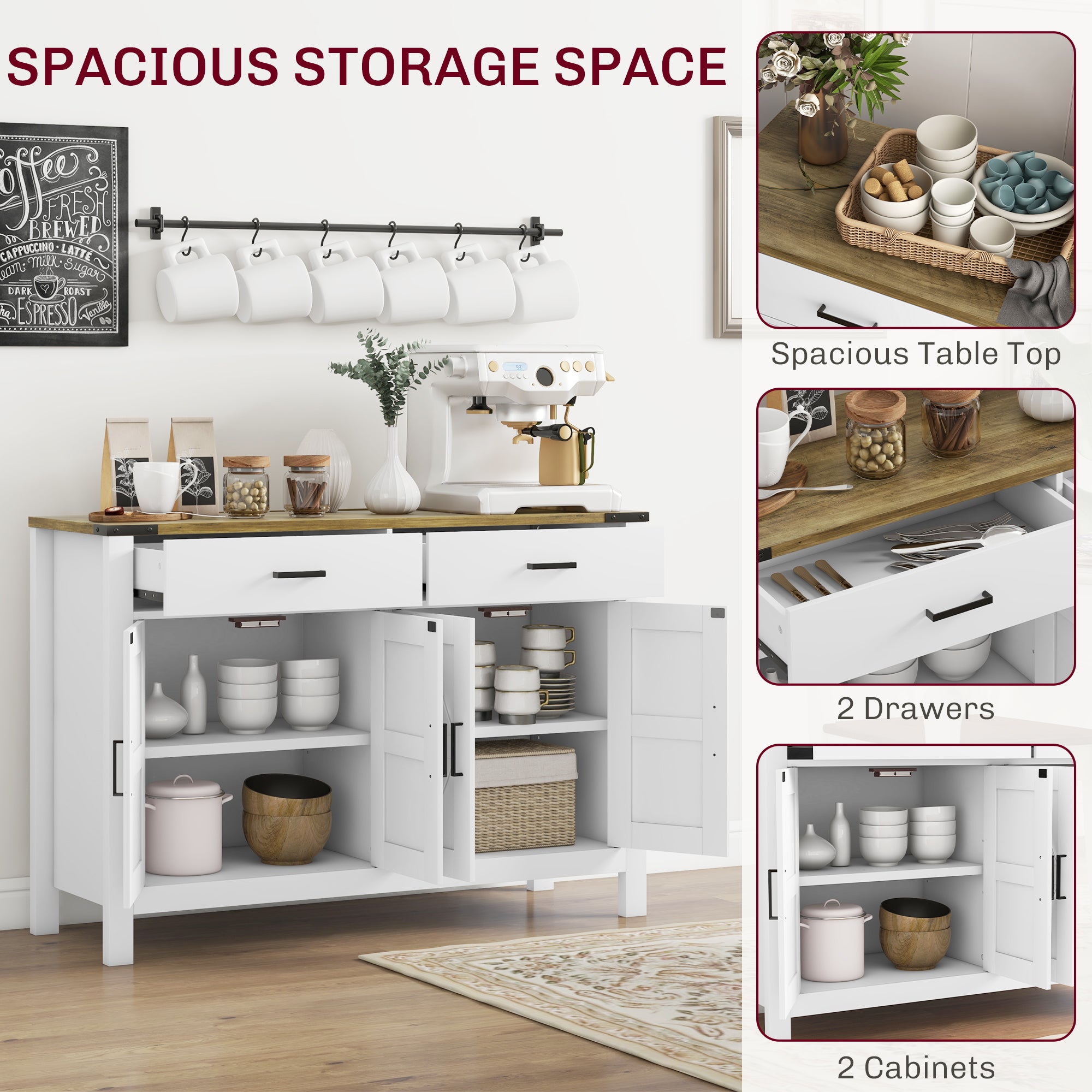 HOMCOM Sideboard with 2 Drawers 2 Storage Cabinets, Buffet Cabinet with Barn-style Doors and Adjustable Shelves, Farmhouse Kitchen Cabinet, White