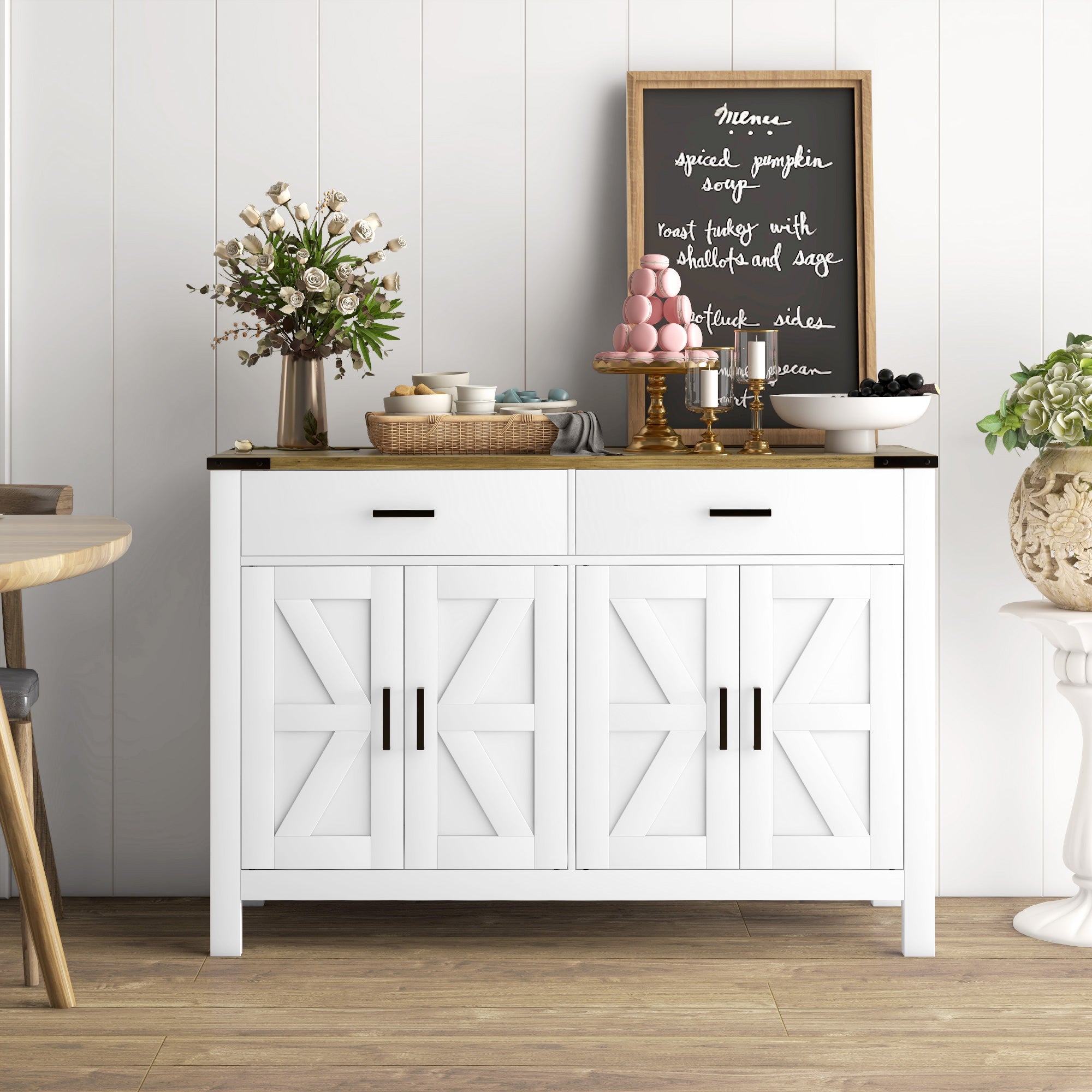 HOMCOM Sideboard with 2 Drawers 2 Storage Cabinets, Buffet Cabinet with Barn-style Doors and Adjustable Shelves, Farmhouse Kitchen Cabinet, White