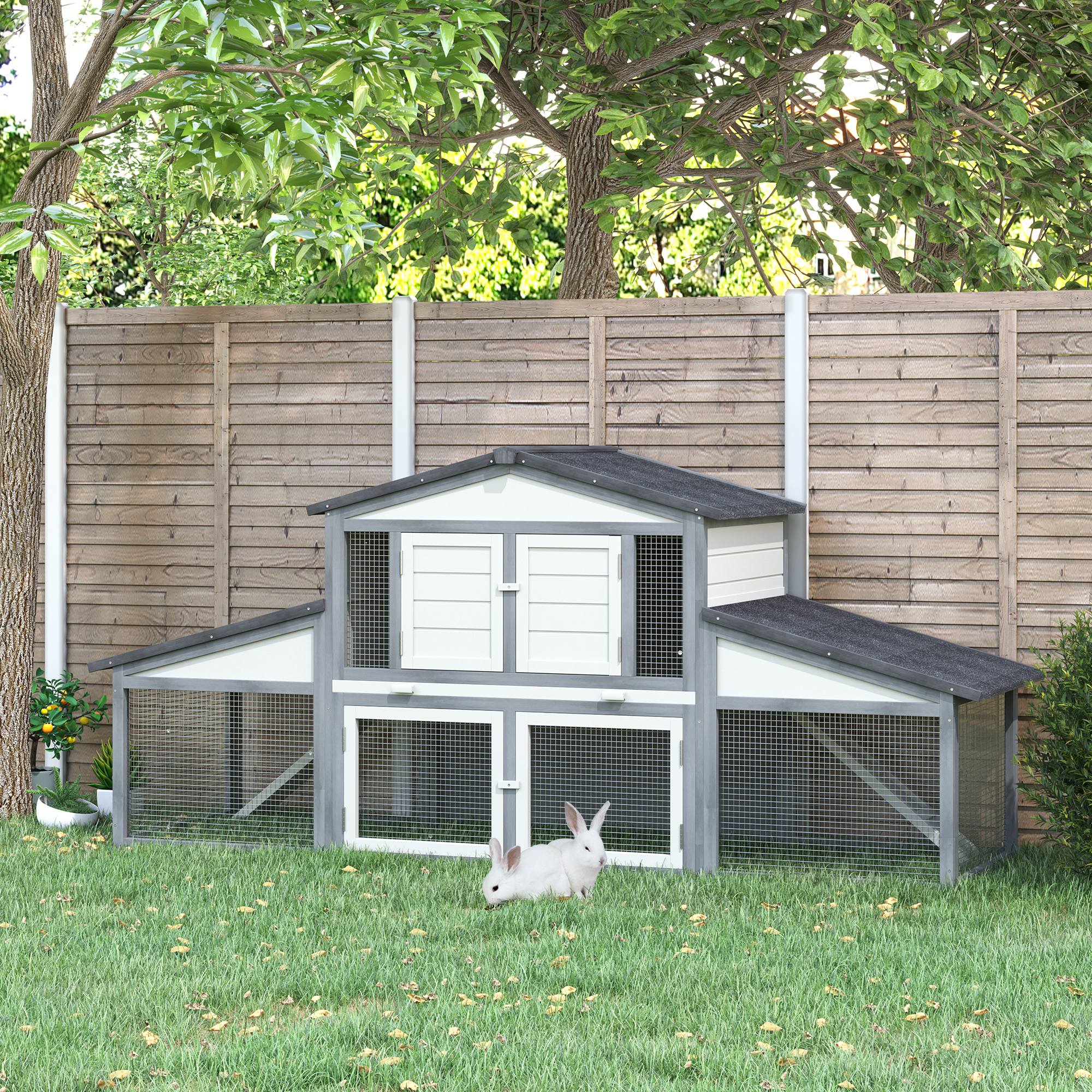 PawHut 88.5" x 27.5" x 39.25" Deluxe Wooden Rabbit Hutch Backyard Bunny Cage Small Animal Living House with Outdoor Run, Grey