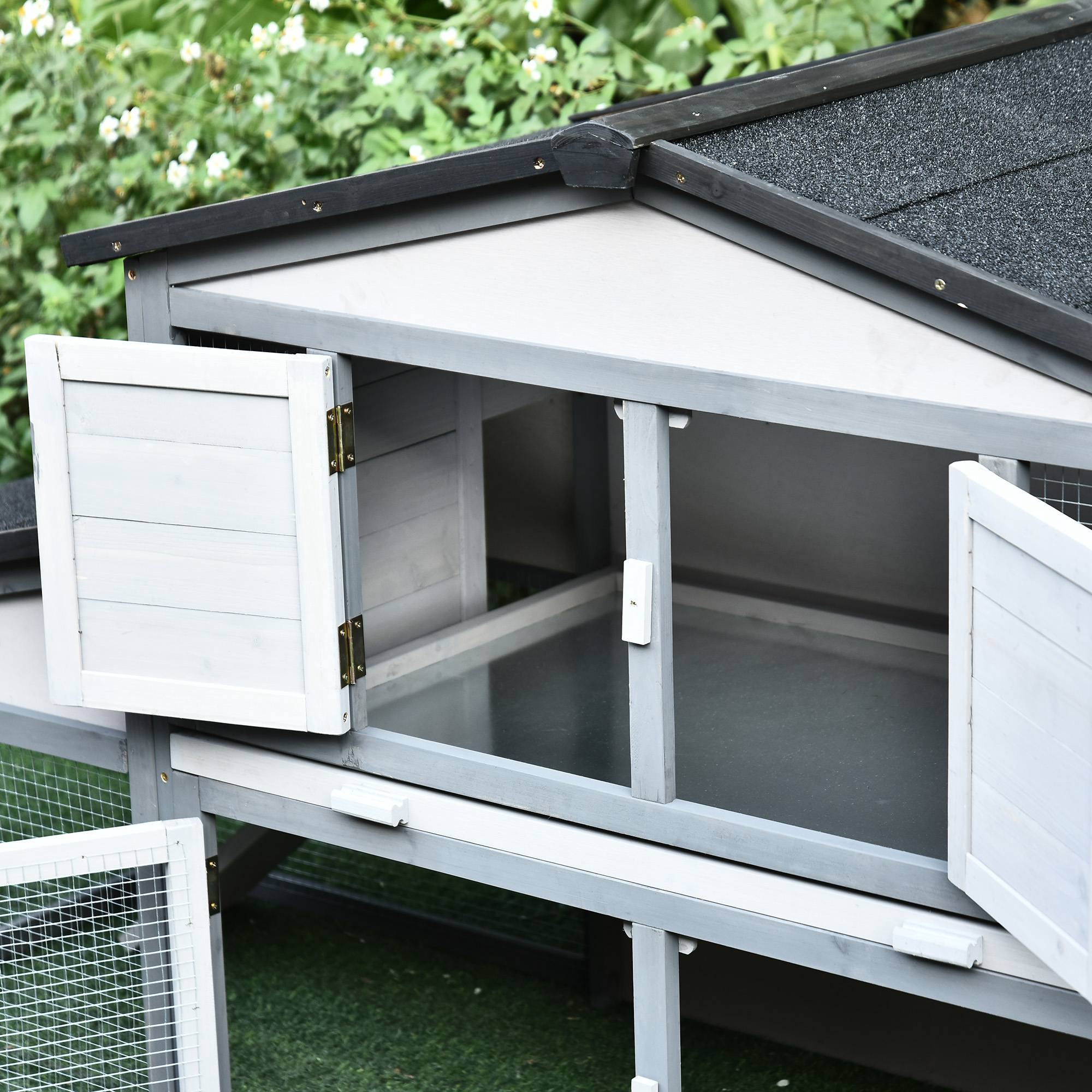 PawHut 88.5" x 27.5" x 39.25" Deluxe Wooden Rabbit Hutch Backyard Bunny Cage Small Animal Living House with Outdoor Run, Grey