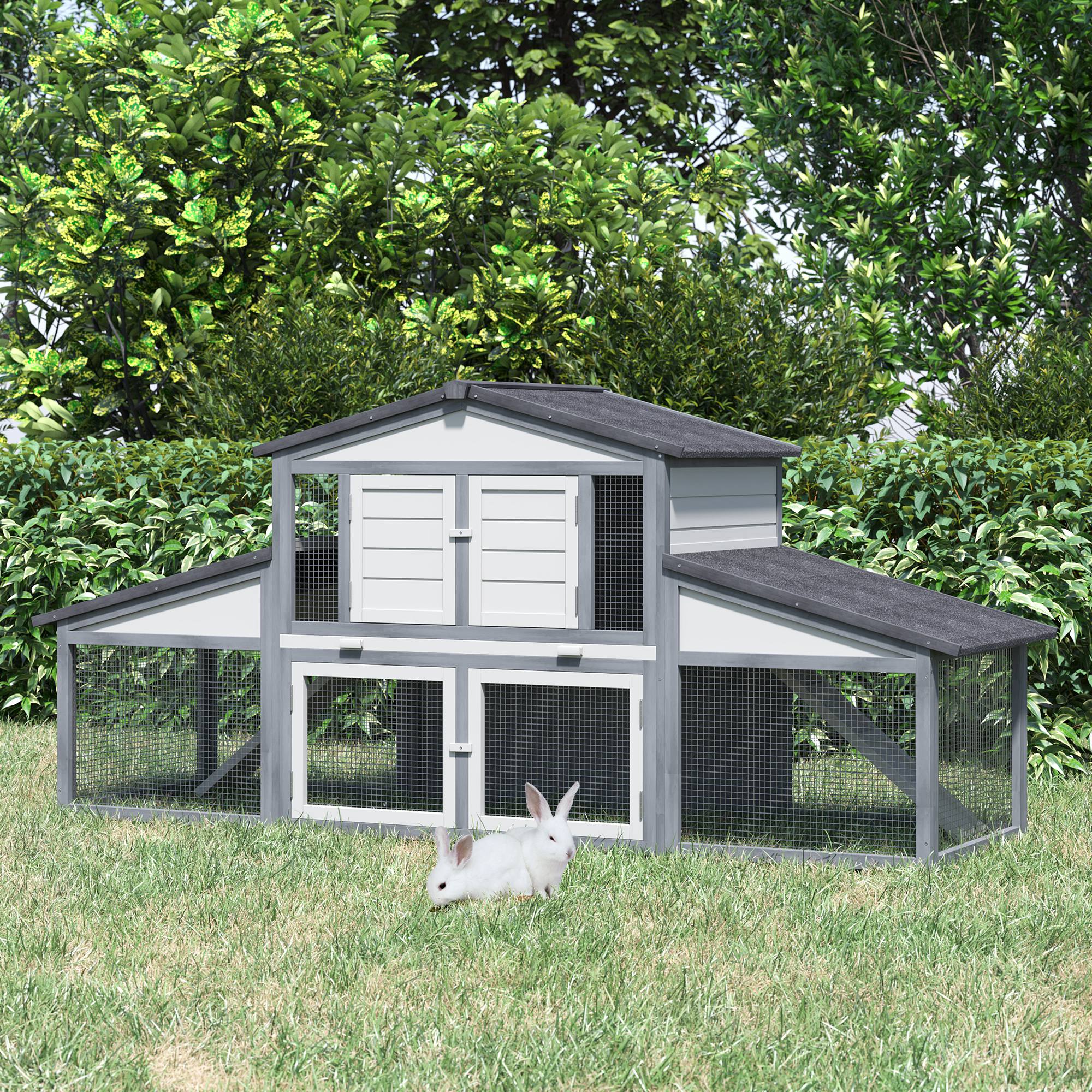 PawHut 88.5" x 27.5" x 39.25" Deluxe Wooden Rabbit Hutch Backyard Bunny Cage Small Animal Living House with Outdoor Run, Grey
