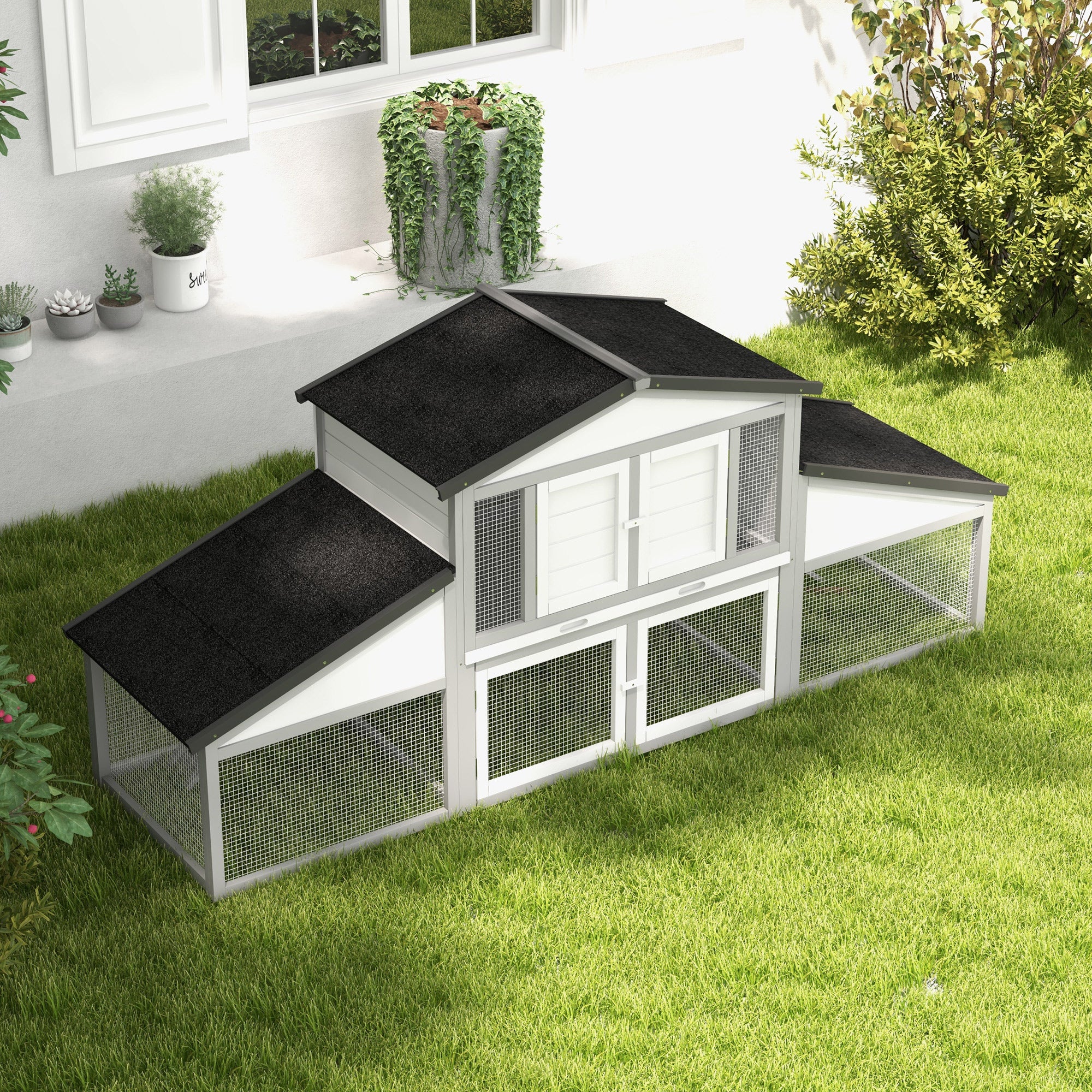 PawHut Large Rabbit Hutch with Run, Outdoor Bunny Cage with Tray, Ramp, Wooden Guinea Pig House, Grey
