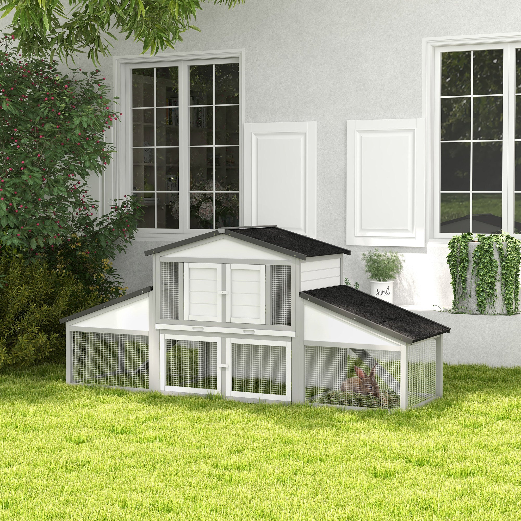 PawHut Large Rabbit Hutch with Run, Outdoor Bunny Cage with Tray, Ramp, Wooden Guinea Pig House, Grey