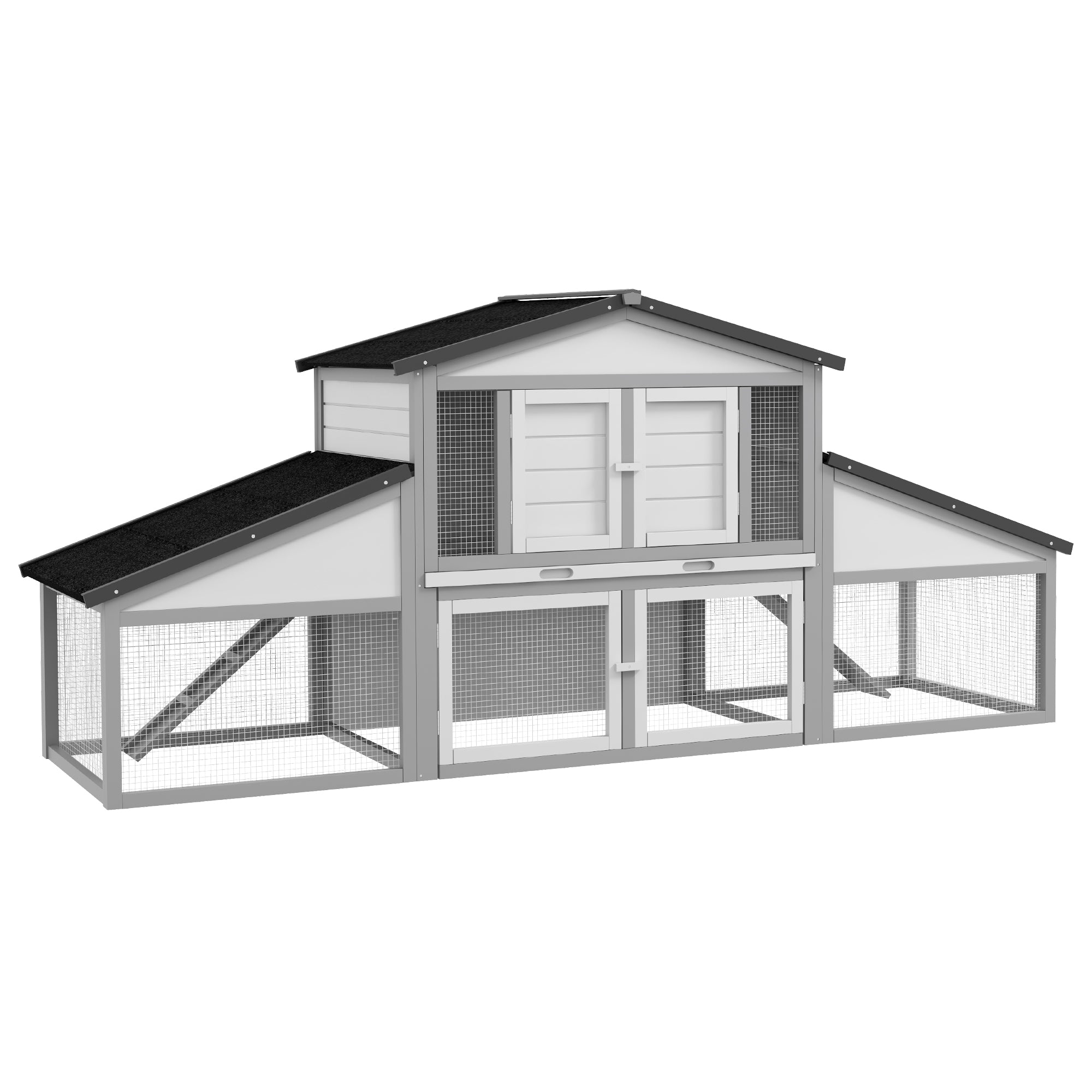 PawHut Large Rabbit Hutch with Run, Outdoor Bunny Cage with Tray, Ramp, Wooden Guinea Pig House, Grey