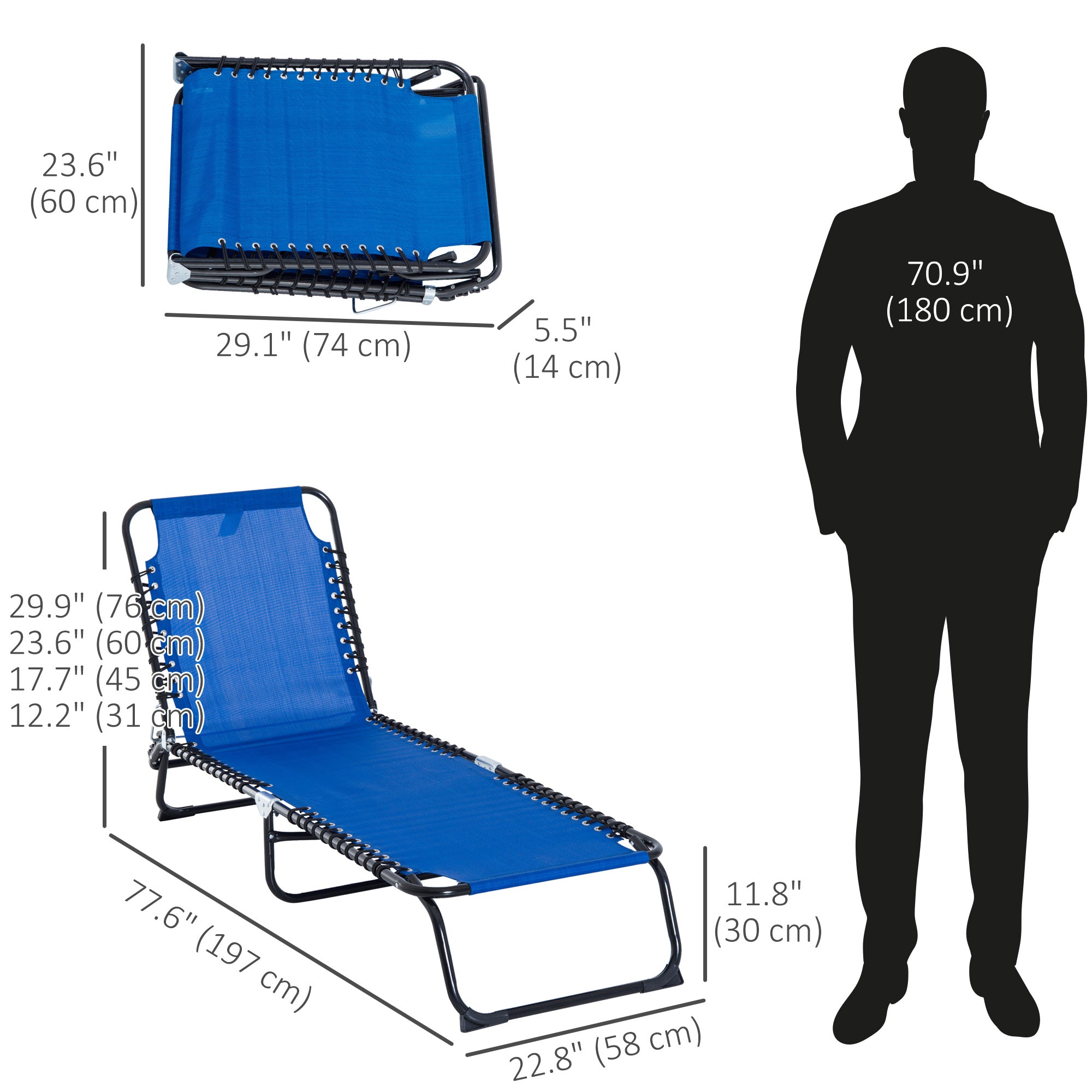 Outsunny Outdoor Folding Lounge Chair, 4-Level Adjustable Chaise Lounge, Tanning Chair Beach Bed Reclining Lounger Cot for Camping, Hiking, Backyard, Navy Blue