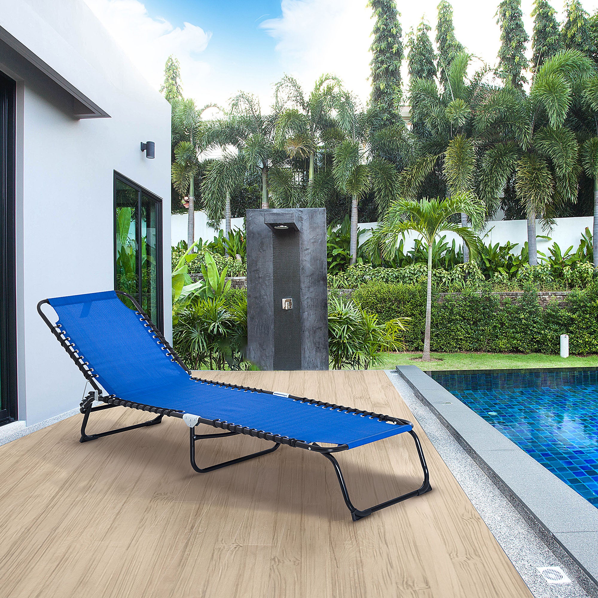 Outsunny Outdoor Folding Lounge Chair, 4-Level Adjustable Chaise Lounge, Tanning Chair Beach Bed Reclining Lounger Cot for Camping, Hiking, Backyard, Navy Blue