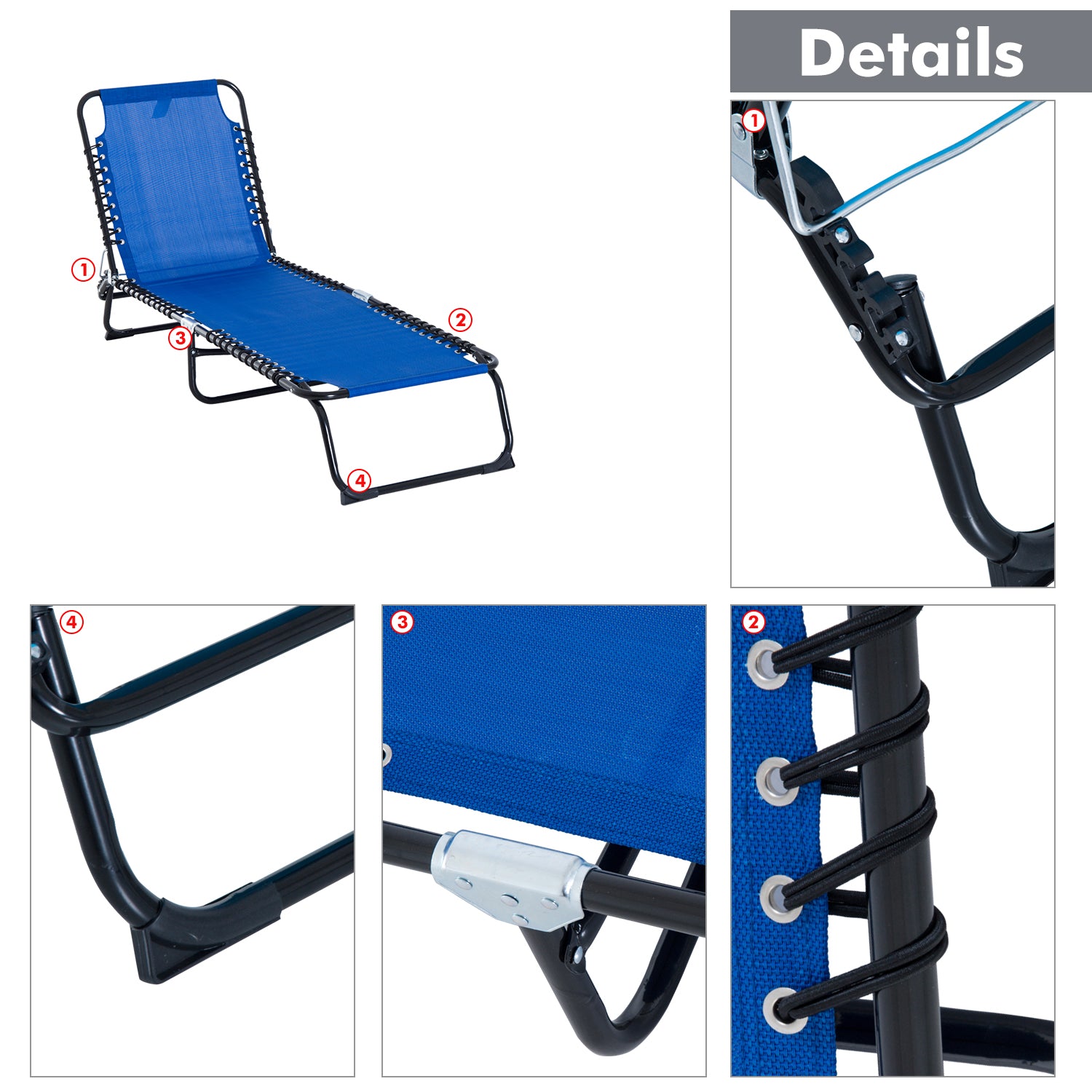 Outsunny Outdoor Folding Lounge Chair, 4-Level Adjustable Chaise Lounge, Tanning Chair Beach Bed Reclining Lounger Cot for Camping, Hiking, Backyard, Navy Blue