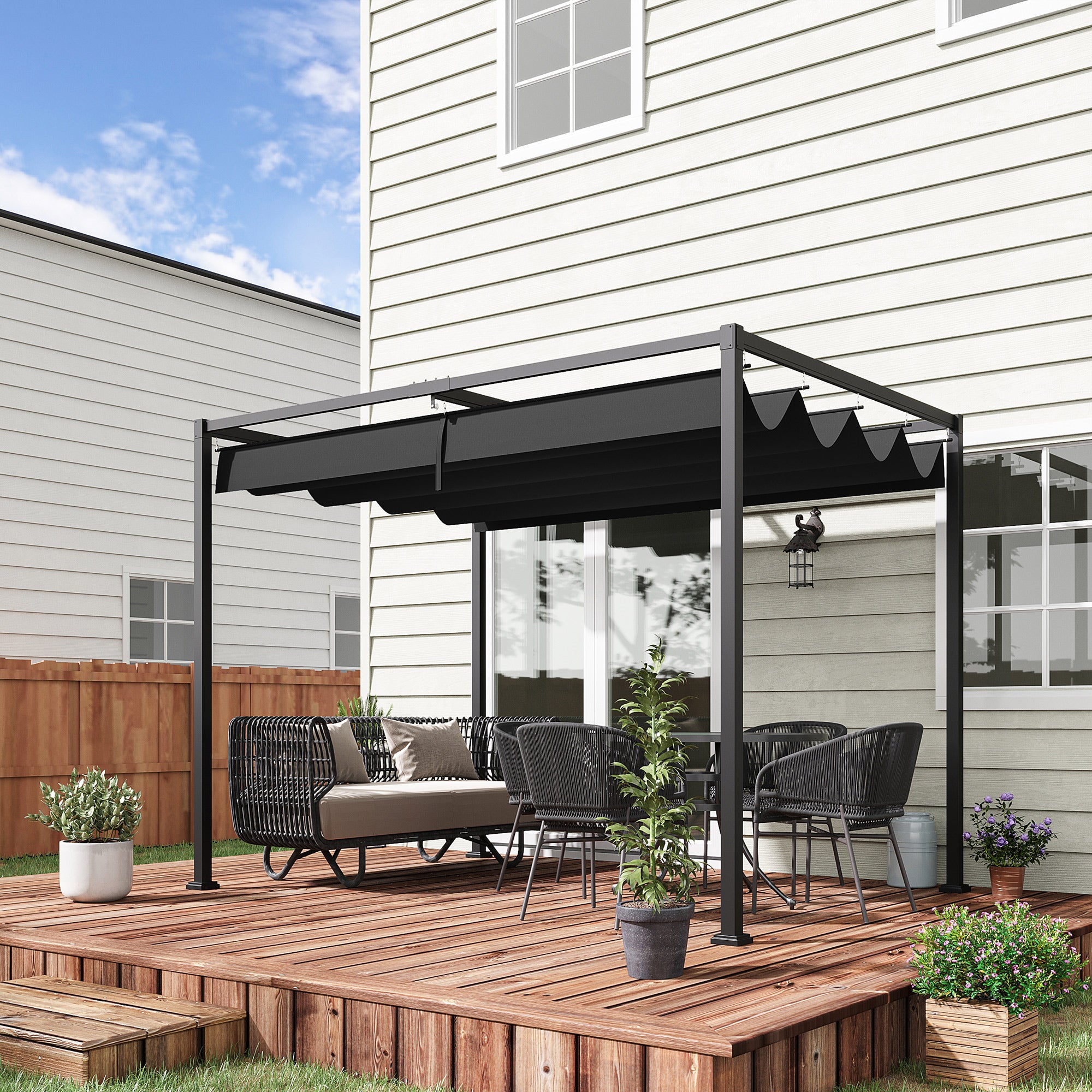 Outsunny 10' x7' Patio Pergola with Retractable Canopy, Outdoor Sun Shelter, Yard Shade, Black