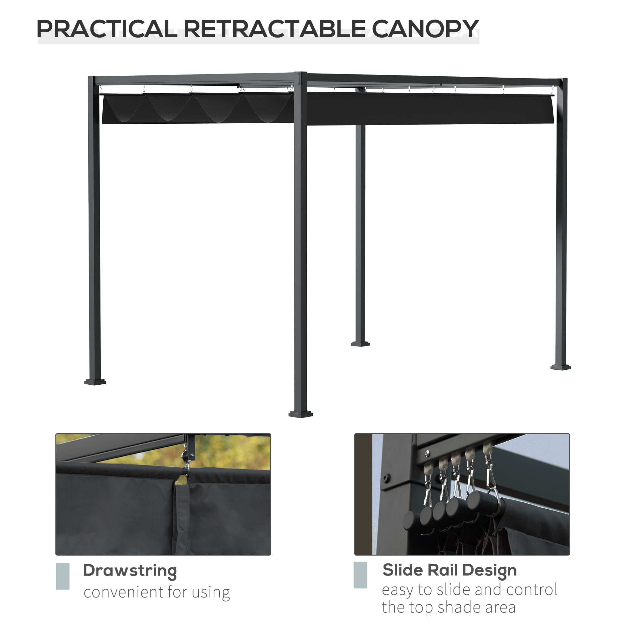 Outsunny 10' x7' Patio Pergola with Retractable Canopy, Outdoor Sun Shelter, Yard Shade, Black