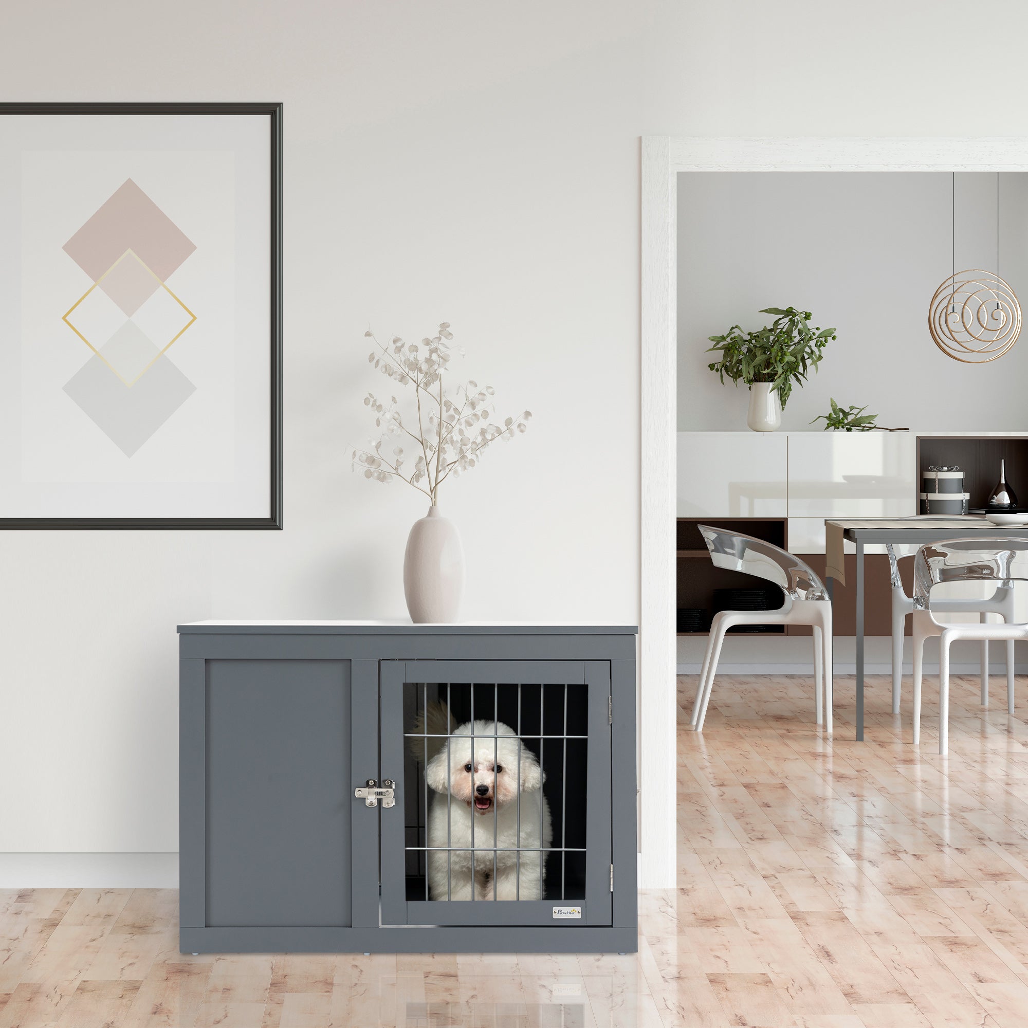 PawHut Furniture Style Dog Crate for Small and Medium Dogs, End Table Pet Cage with Two Lockable Doors - Grey