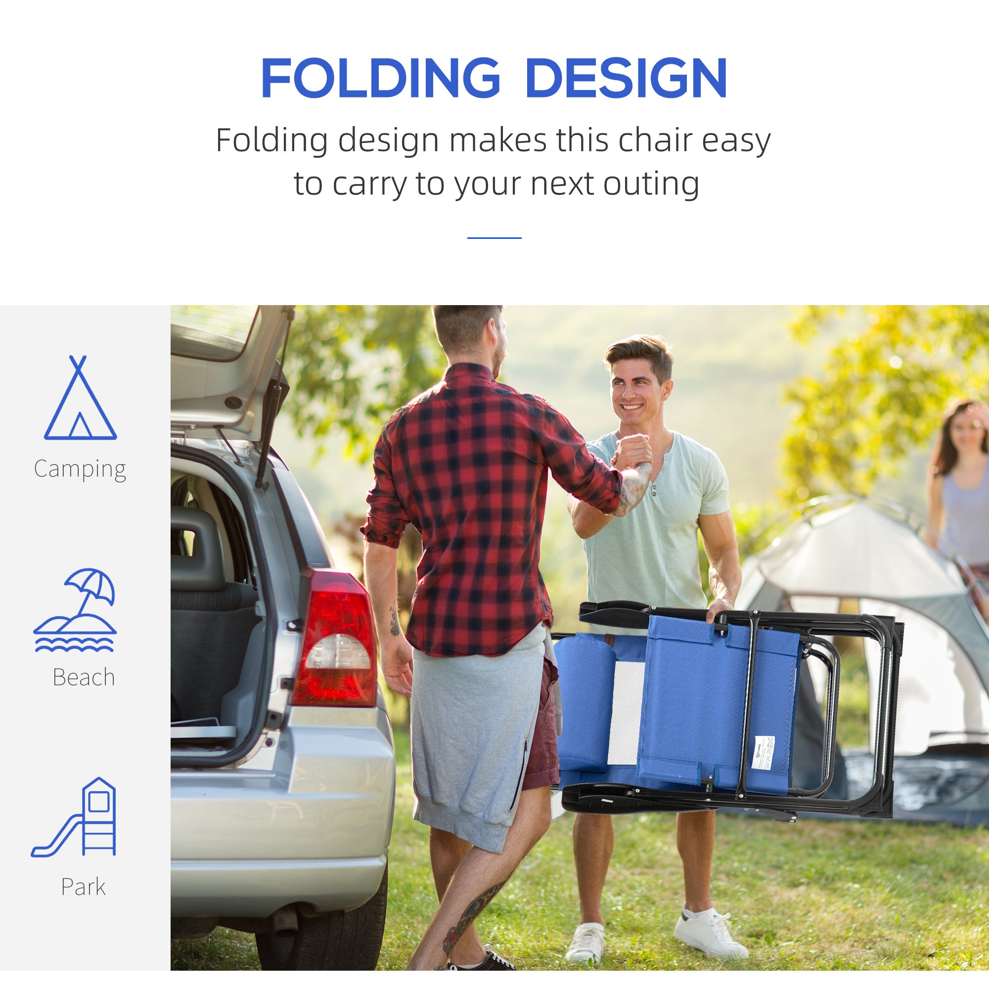 Outsunny Double Camping Chairs, Outdoor Folding Portable Chair Set with Adjustable Backrest, Removable Headrest, Armrest for Camping, Backyard, Blue