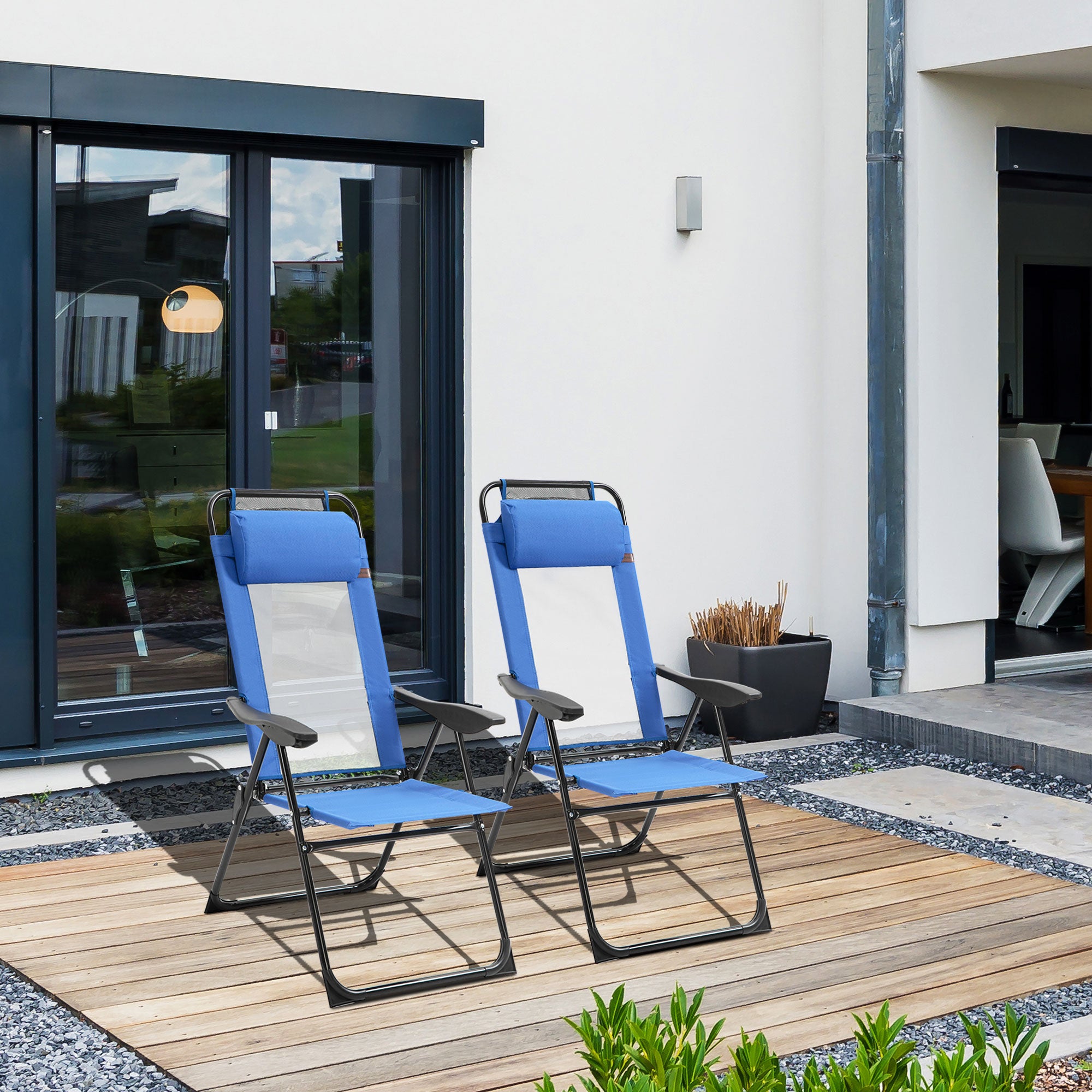 Outsunny Double Camping Chairs, Outdoor Folding Portable Chair Set with Adjustable Backrest, Removable Headrest, Armrest for Camping, Backyard, Blue