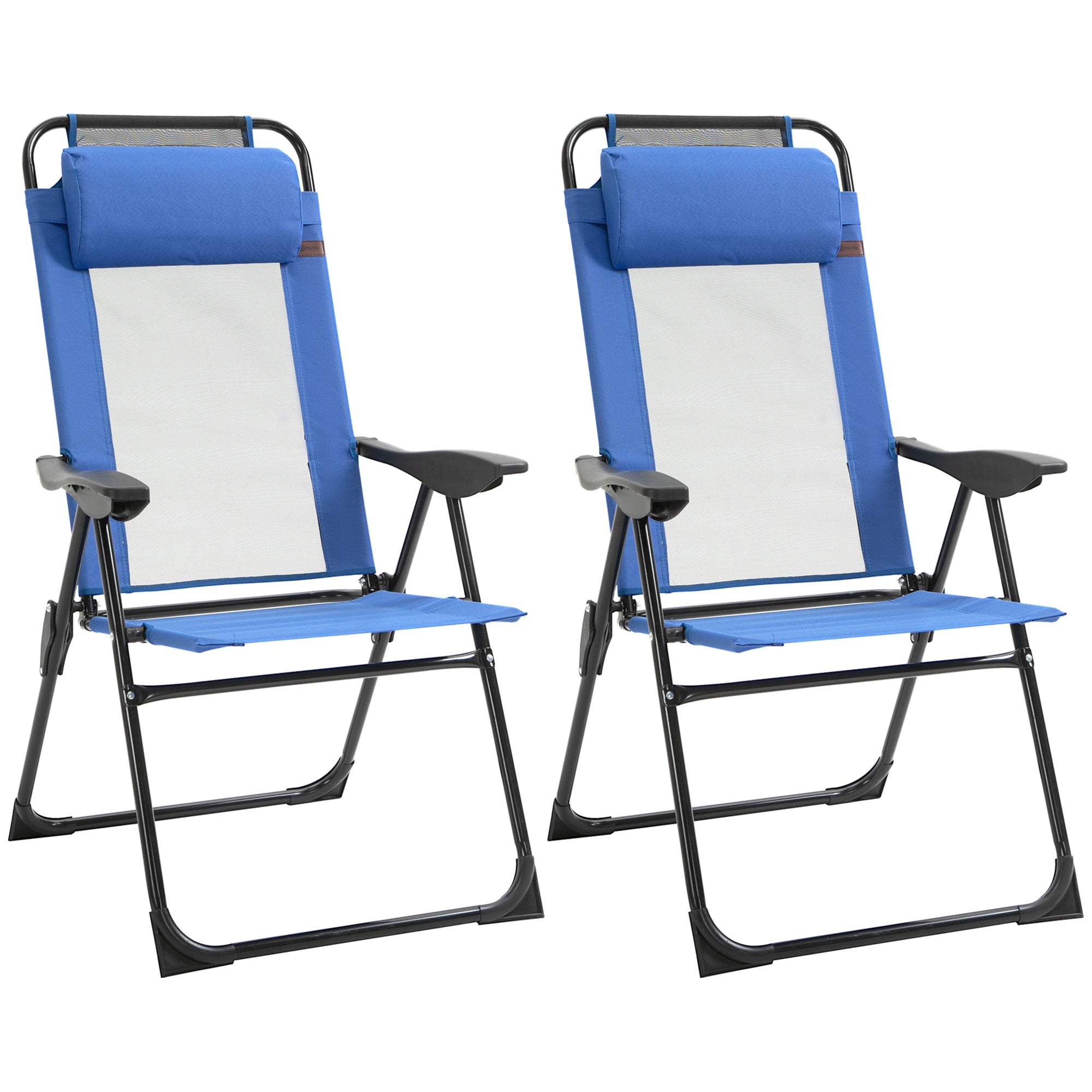 Outsunny Double Camping Chairs, Outdoor Folding Portable Chair Set with Adjustable Backrest, Removable Headrest, Armrest for Camping, Backyard, Blue