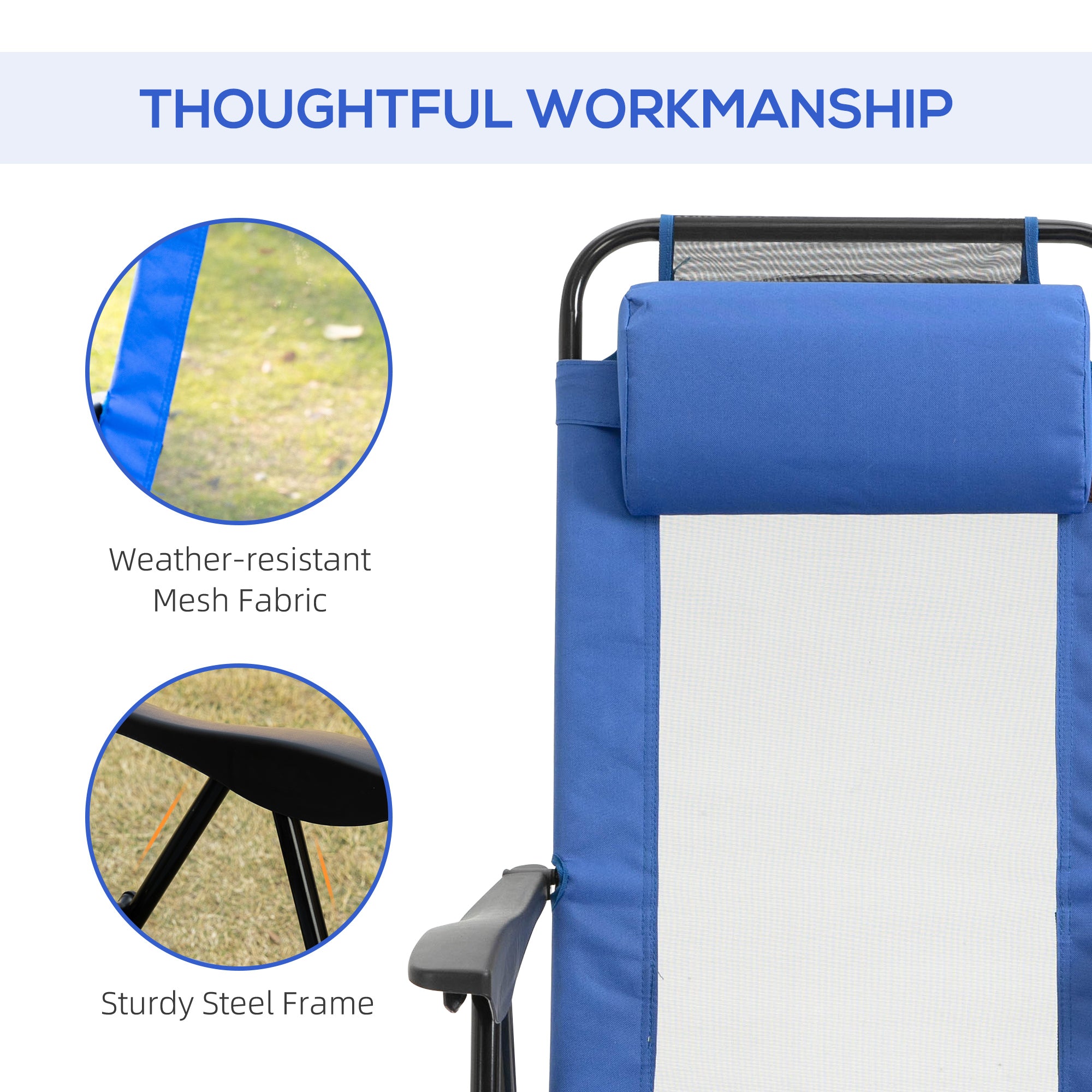 Outsunny Double Camping Chairs, Outdoor Folding Portable Chair Set with Adjustable Backrest, Removable Headrest, Armrest for Camping, Backyard, Blue