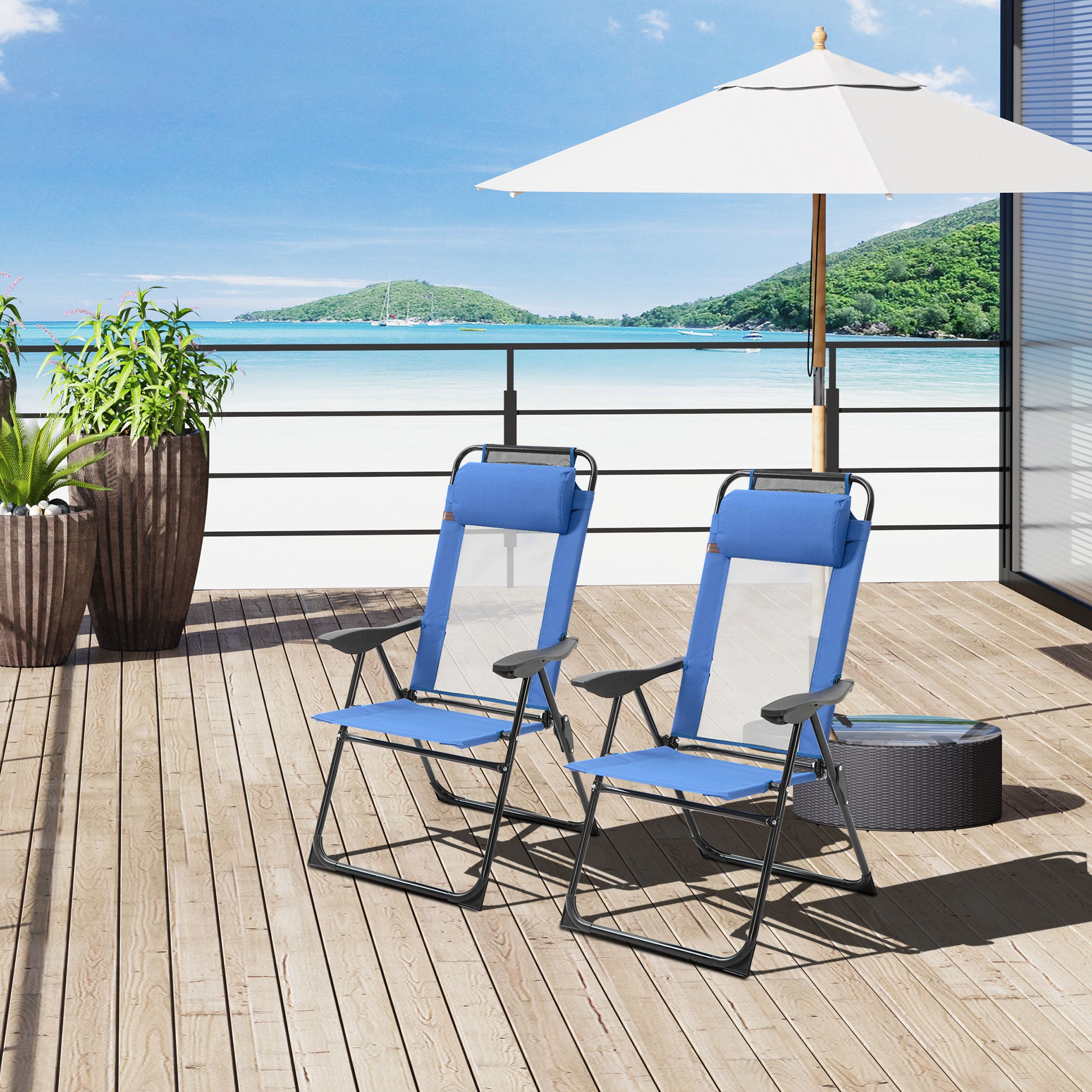 Outsunny Double Camping Chairs, Outdoor Folding Portable Chair Set with Adjustable Backrest, Removable Headrest, Armrest for Camping, Backyard, Blue