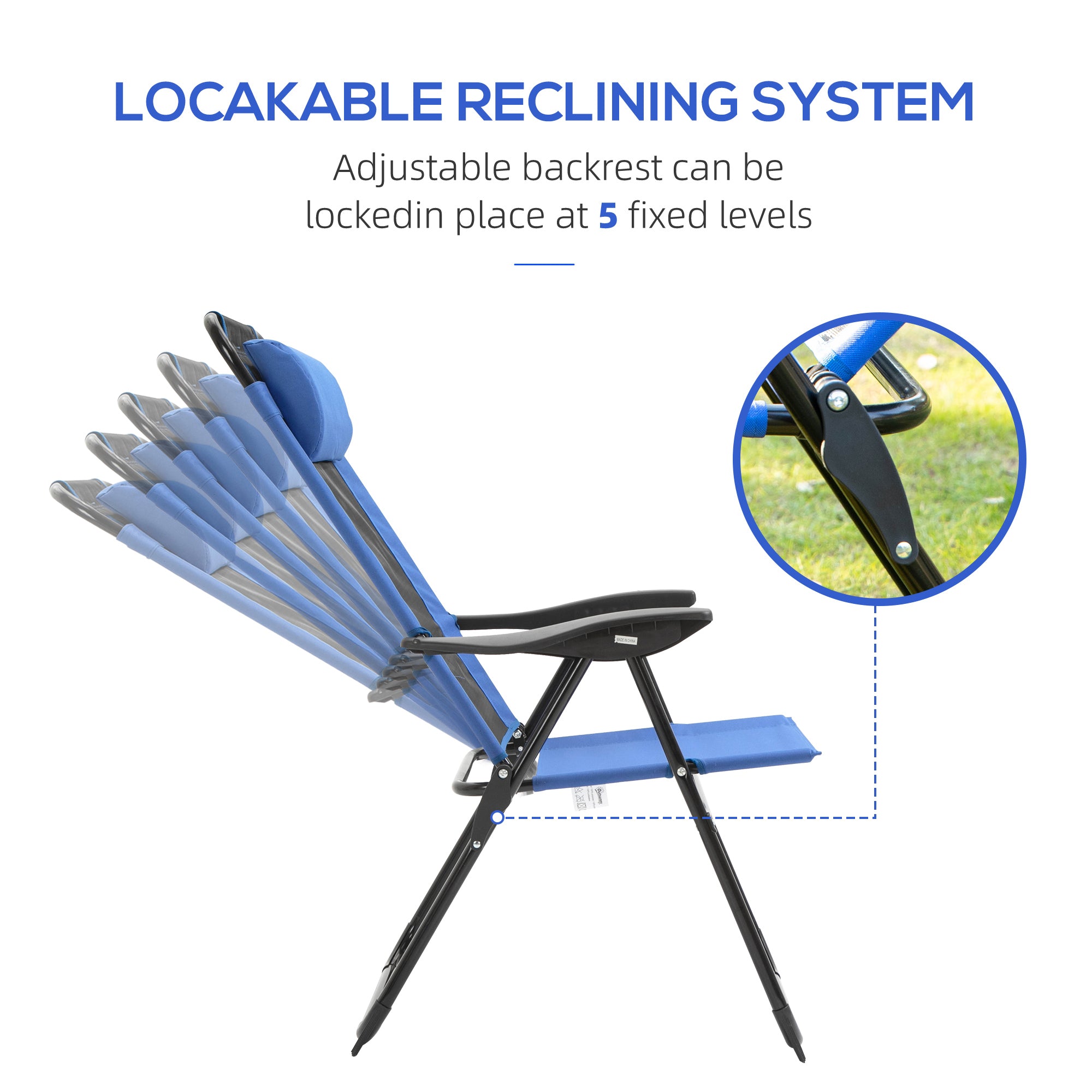 Outsunny Double Camping Chairs, Outdoor Folding Portable Chair Set with Adjustable Backrest, Removable Headrest, Armrest for Camping, Backyard, Blue