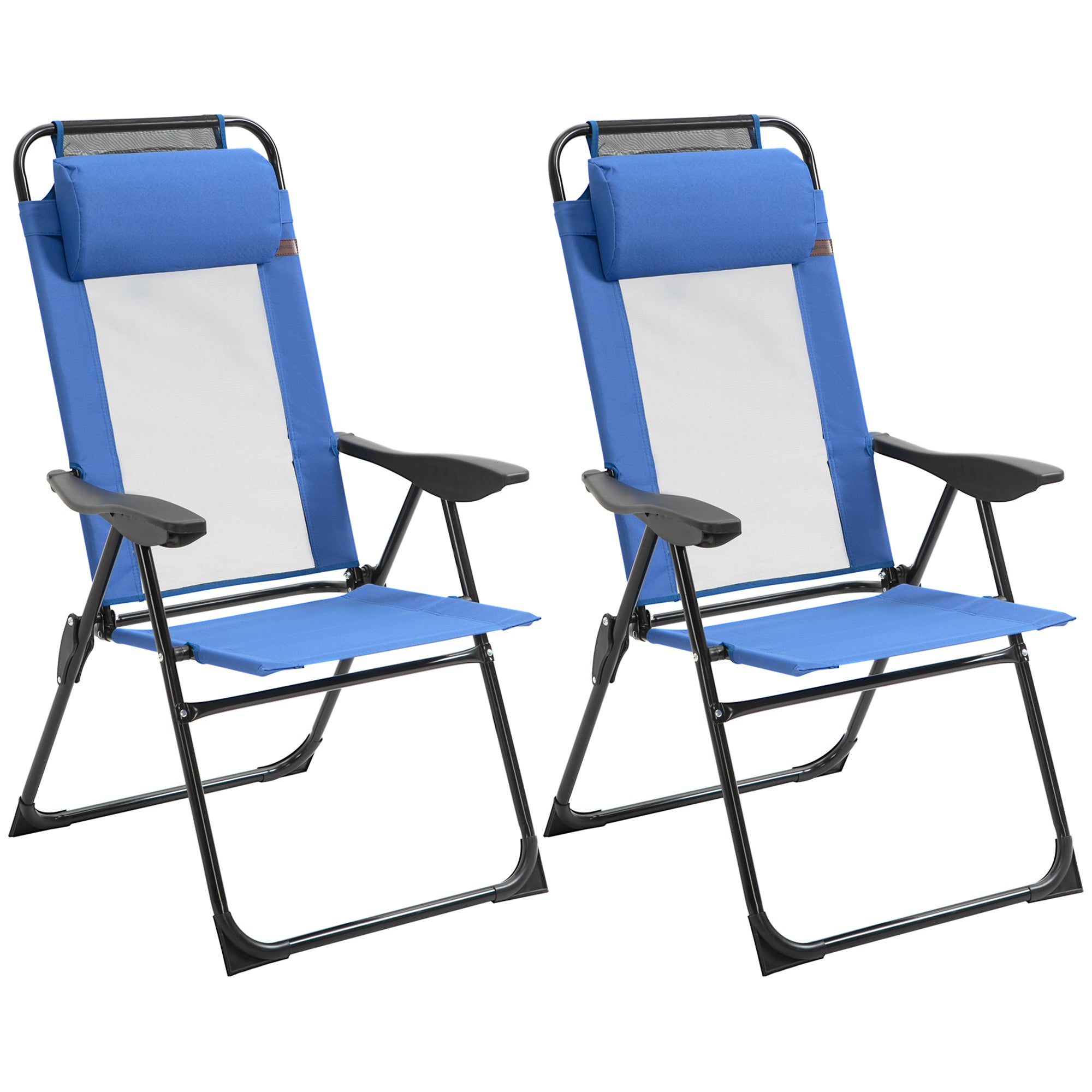 Outsunny Double Camping Chairs, Outdoor Folding Portable Chair Set with Adjustable Backrest, Removable Headrest, Armrest for Camping, Backyard, Blue